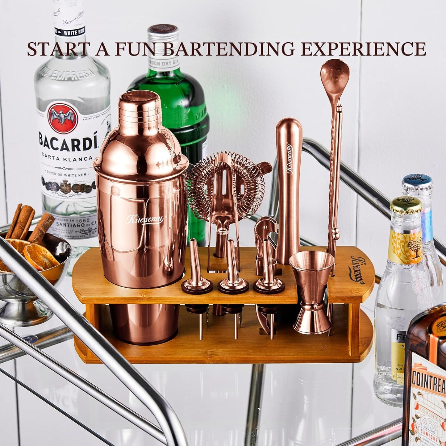 KITESSENSU Cocktail Shaker Set Bartender Kit with Stand - Drink Mixer Bar Set with All Essential Bar Accessory Tools - Martini Shaker Jigger Strainer Mixer Spoon Muddler Liquor Pourers - Rose Gold