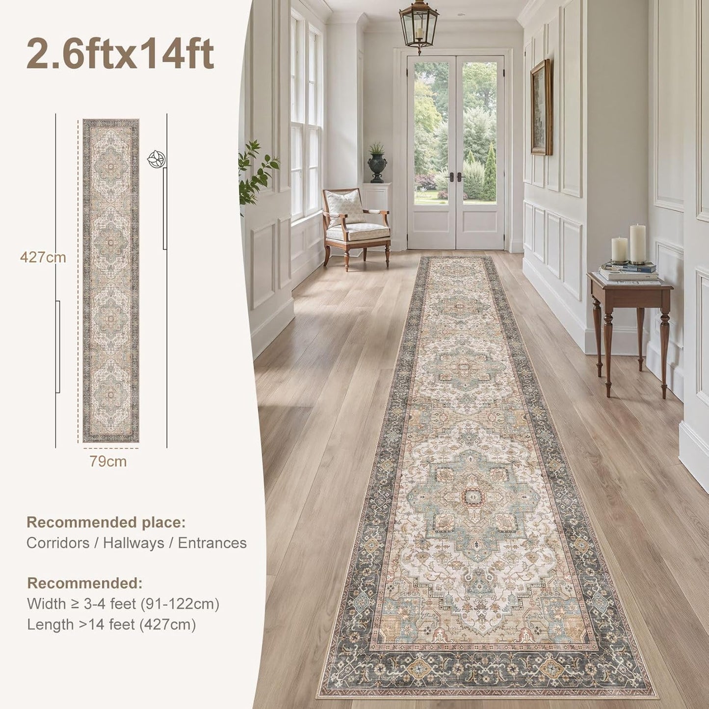 Washable 2.6x14 Runner Rug - Area Rugs Neutral Vintage Distressed Floral Farmhouse Boho Large Soft Floor Rug Indoor Carpet for Hallway Entryway Home - Forest Green Orange