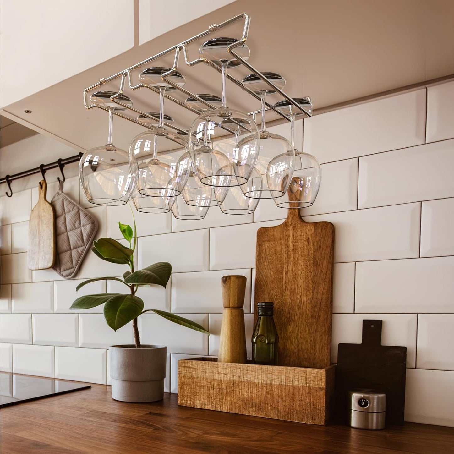 DecoBros Under Cabinet Wine Glass Stemware Rack Holder, Chrome