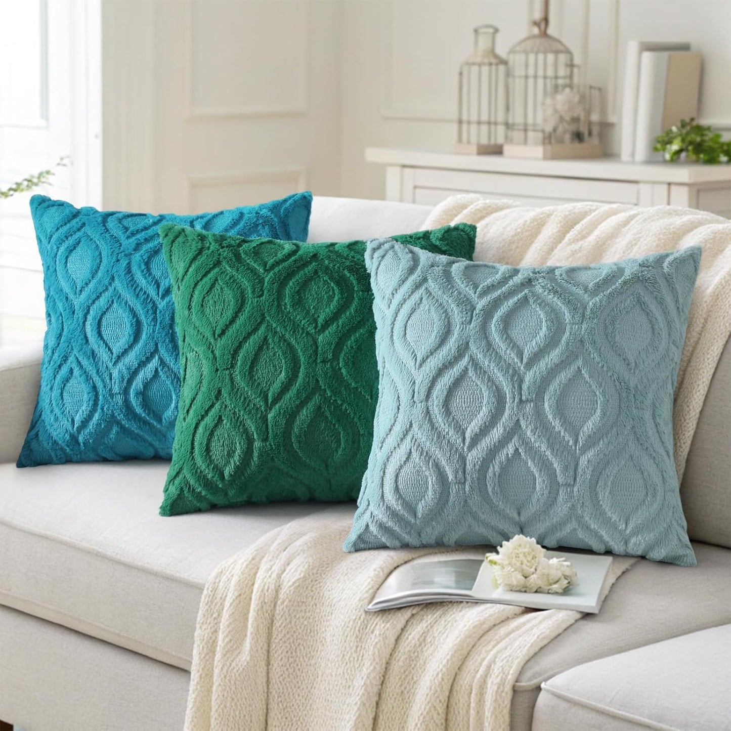 decorUhome Fall Throw Pillow Covers 16x16 Inch Set of 2, Soft Plush Decorative Faux Fur Aqua Solid Couch Pillow Covers, Accent Farmhouse Neutral Square Euro Pillow Cases for Sofa Bed Living Room