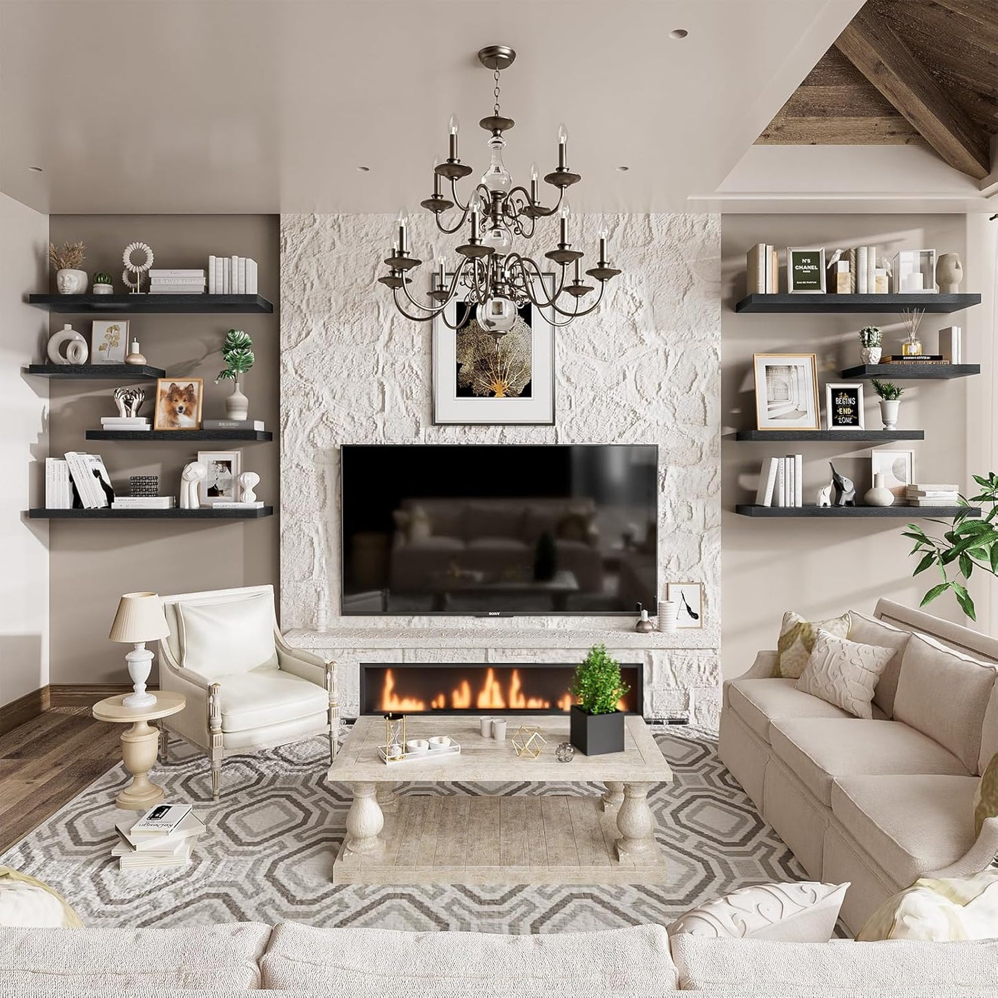 Heimlove 48W x 12D Long Floating Shelf, 12 Inch Deep Black Floating Shelves for Wall Set of 2, Wood Shelves for Bedroom Living Room Bathroom Kitchen Home Office, Wall Shelves with Heavy Duty Bracket