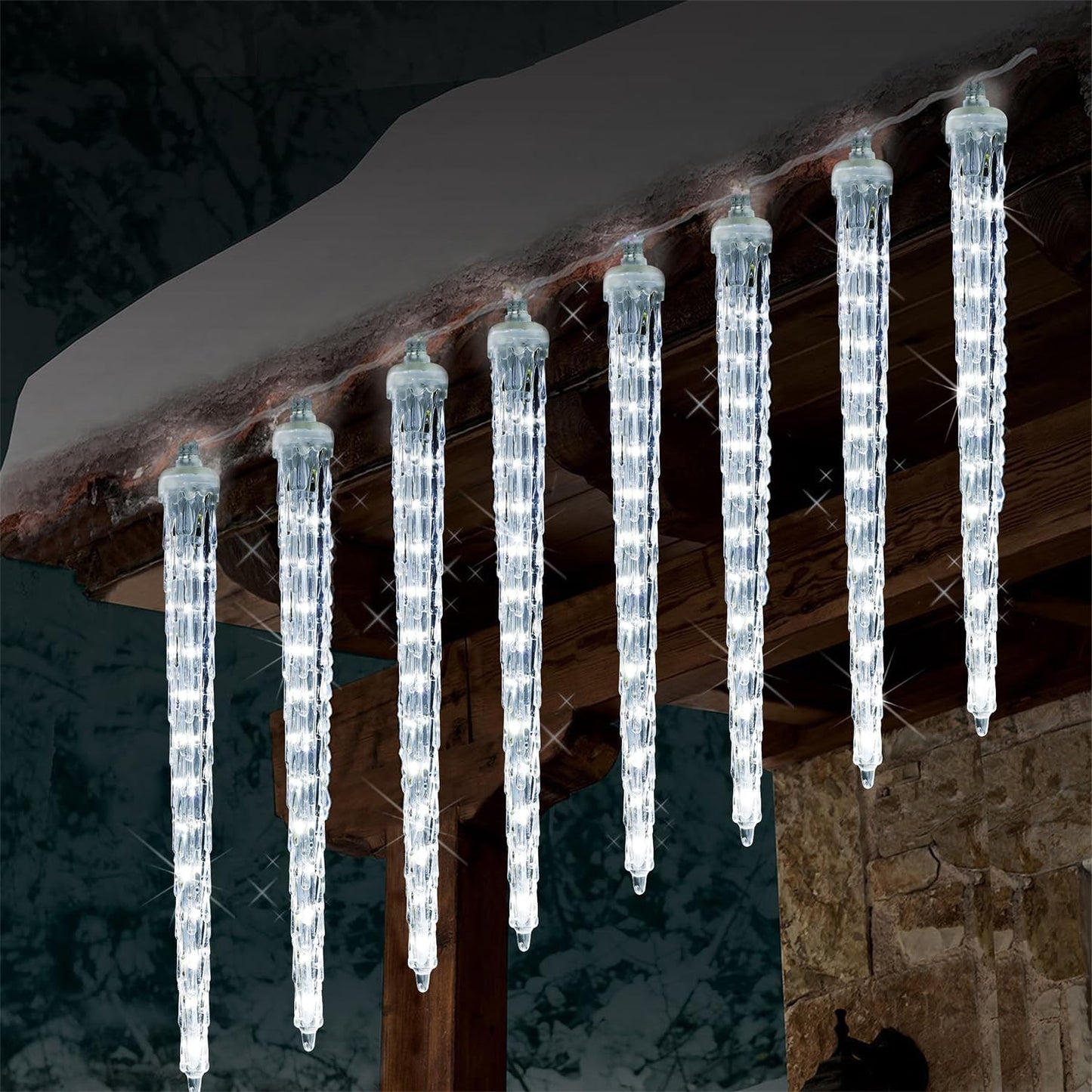 WATERGLIDE 16 Icicles Meteor Shower Lights, 12" Outdoor Icicle Christmas Lights 384 SMD LED Crystal Ice Falling Light, Connectable Raindrop Iciclelight, Xmas Winter Party Tree Holiday Decor, White