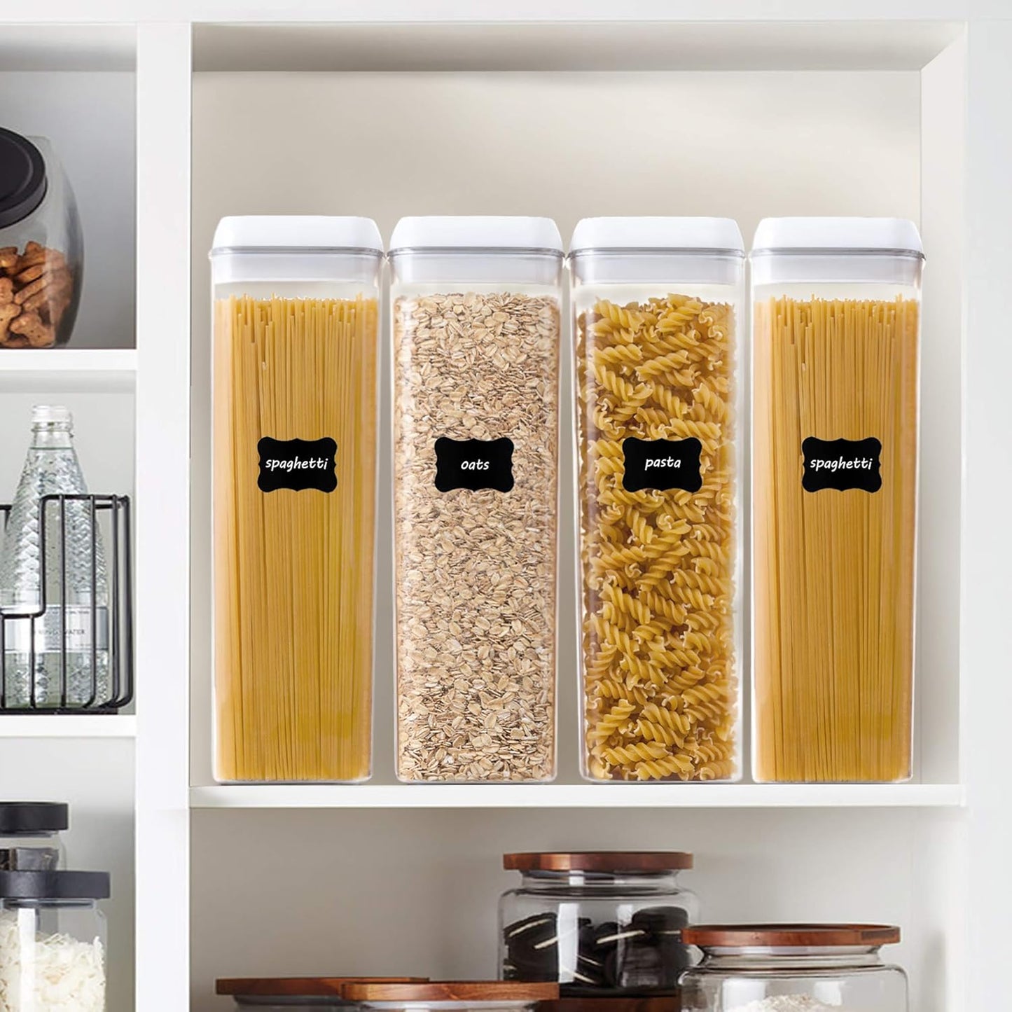 Vtopmart 4 PCS Airtight Food Storage Containers, BPA Free Plastic Spaghetti Pasta Containers with Easy Lock Lids, for Kitchen Pantry Organization and Storage, Include 24 Labels, 1.8L