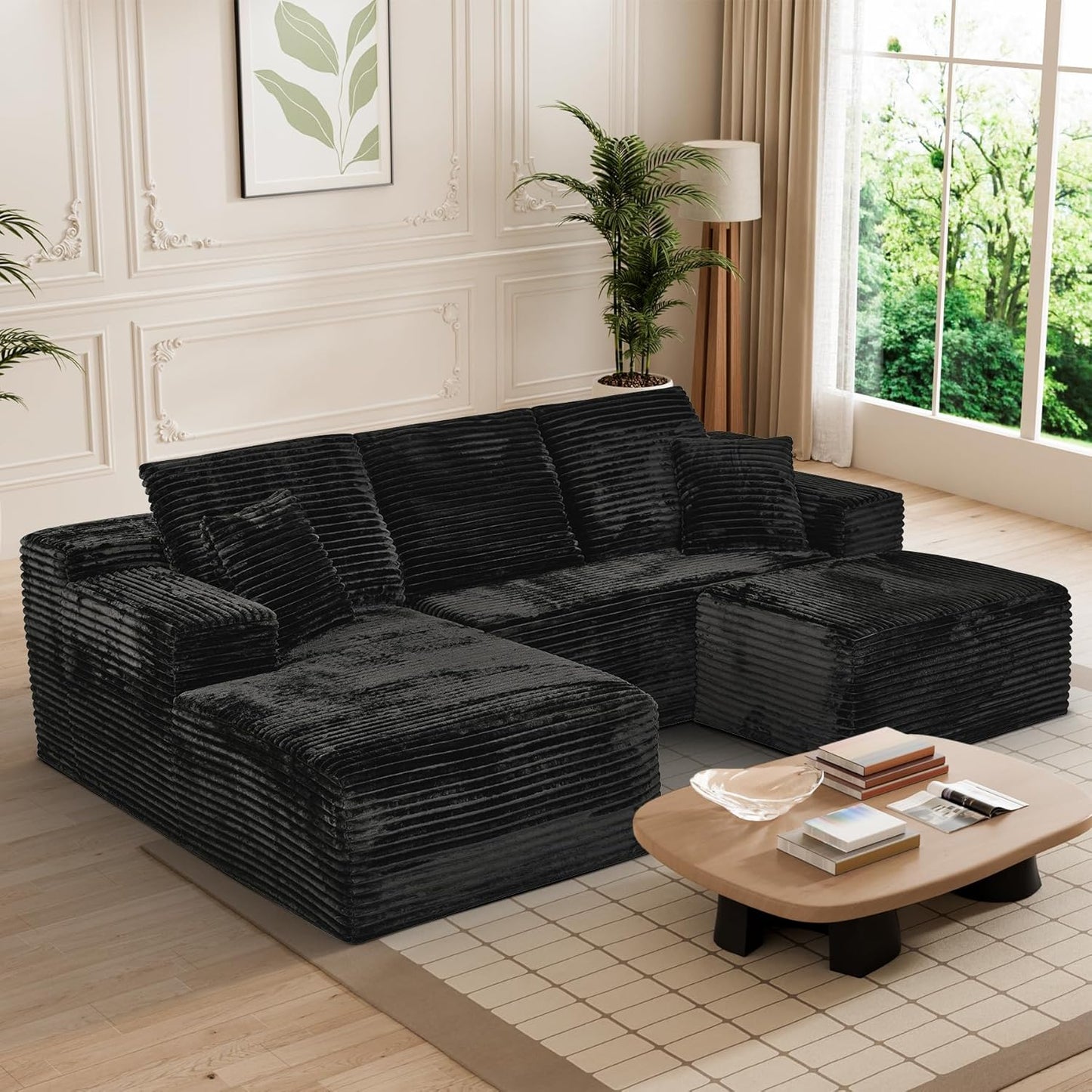Modular Sectional Sofa Cloud Sectional Couch, 107" Comfy Fluffy U Shaped Black Couches for Living Room, Deep Seat Memory Foam Plush Corduroy Boneless Couch Sectionals with Left Facing Chaise Sofa