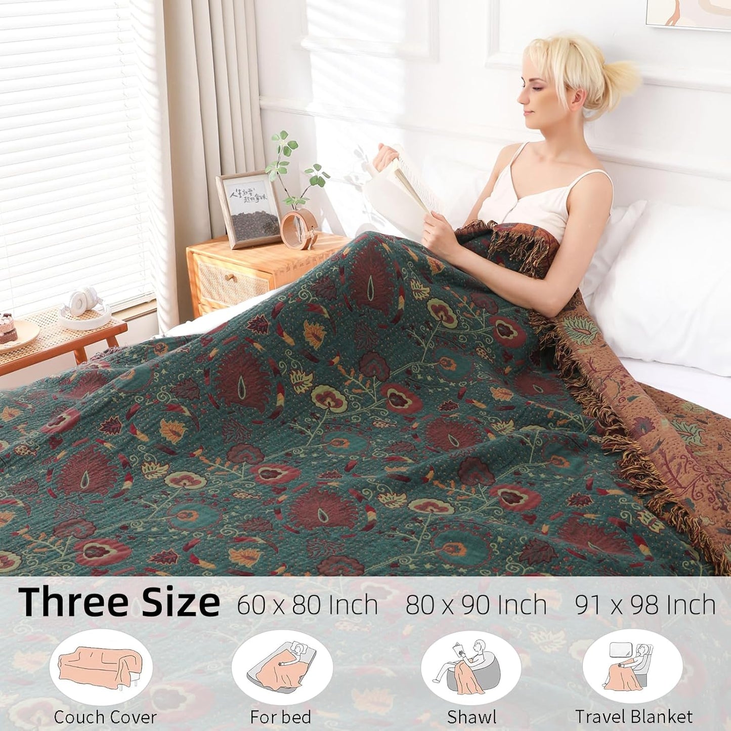Boho Throw Blanket for Bed - 100% Pure Cotton Ultra Soft Rustic Quilt - Farmhouse Decor Bed Blankets, All Season Rustic Throw for Sofa Couch Chair(91''x 98'', Floral)
