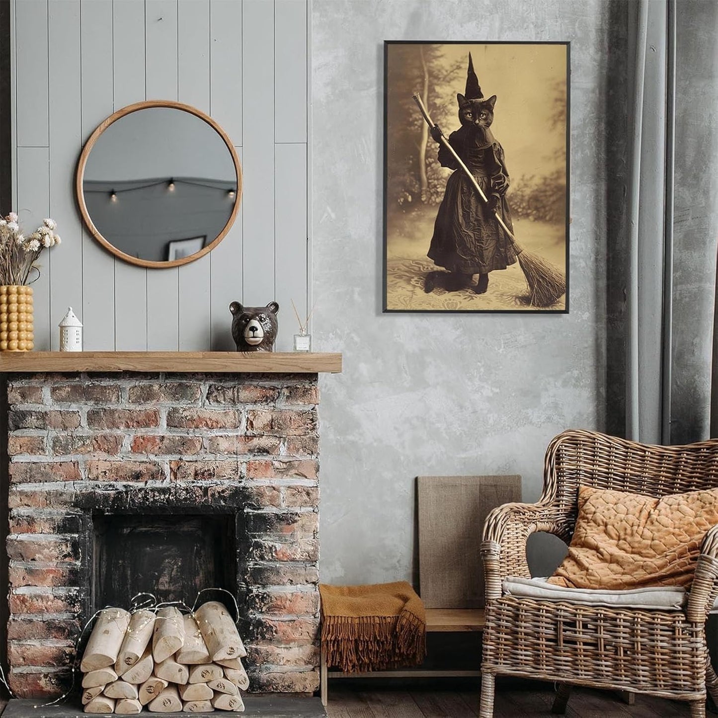 Halloween Decor Posters Black Cat Witch Canvas Wall Art Vintage Spooky Print Of Gothic Room Family Dark Academia Decorations Creepy Picture Poster Aesthetic 24X36inch Aluminum Framed