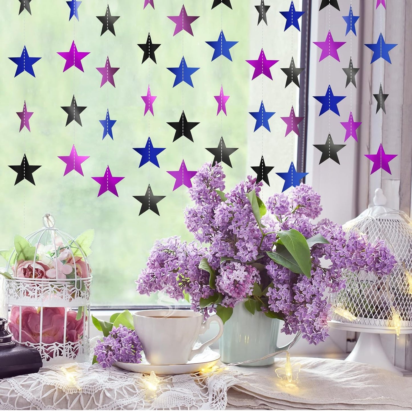 Patelai Glitter Star Garland Banner Decor 130 Feet Star Hanging Bunting Banner Twinkle Backdrop for Homecoming Classroom Wedding Birthday Halloween Christmas Party Supplies(Blue,Black,Purple)
