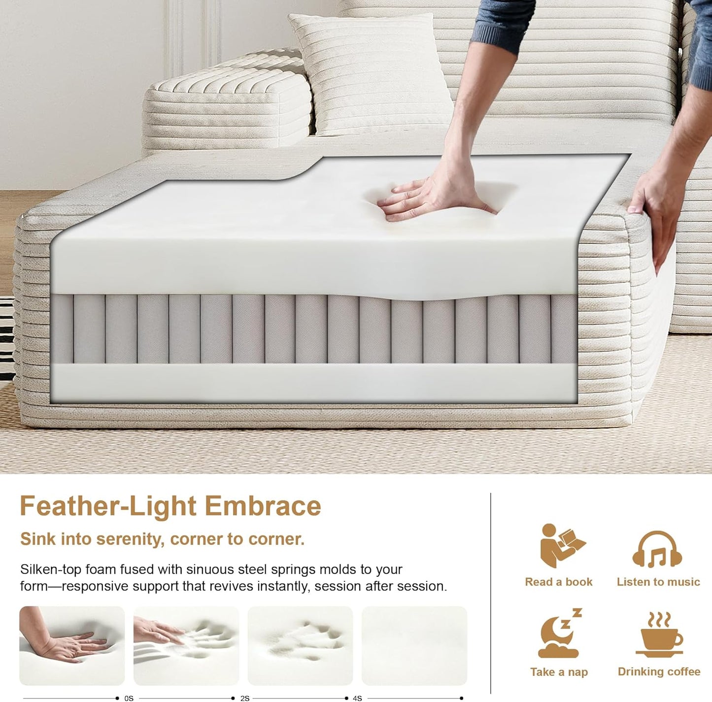 136" Sectional Couches for Living Room Modern Modular Sofa with L-Shape Couchs Upholstered Boneless Couch Deep Seat Sectional Couch with Chaise (White, Left Facing Chaise+3Seaters)