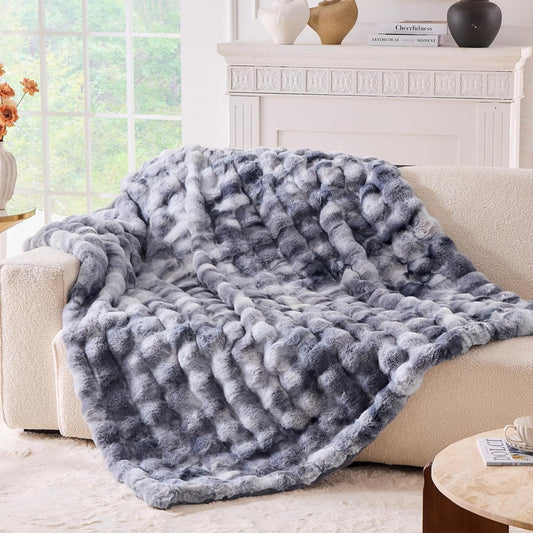 BENVWE Fluffy Faux Fur Throw Blanket for Couch - Soft, Plush, Thick, Cozy, Fuzzy Luxury Minky Bubble Blanket for Home Living Room Decor, Gifts for Women, Tie-dye Light Grey, 63" x 80", 1100GSM