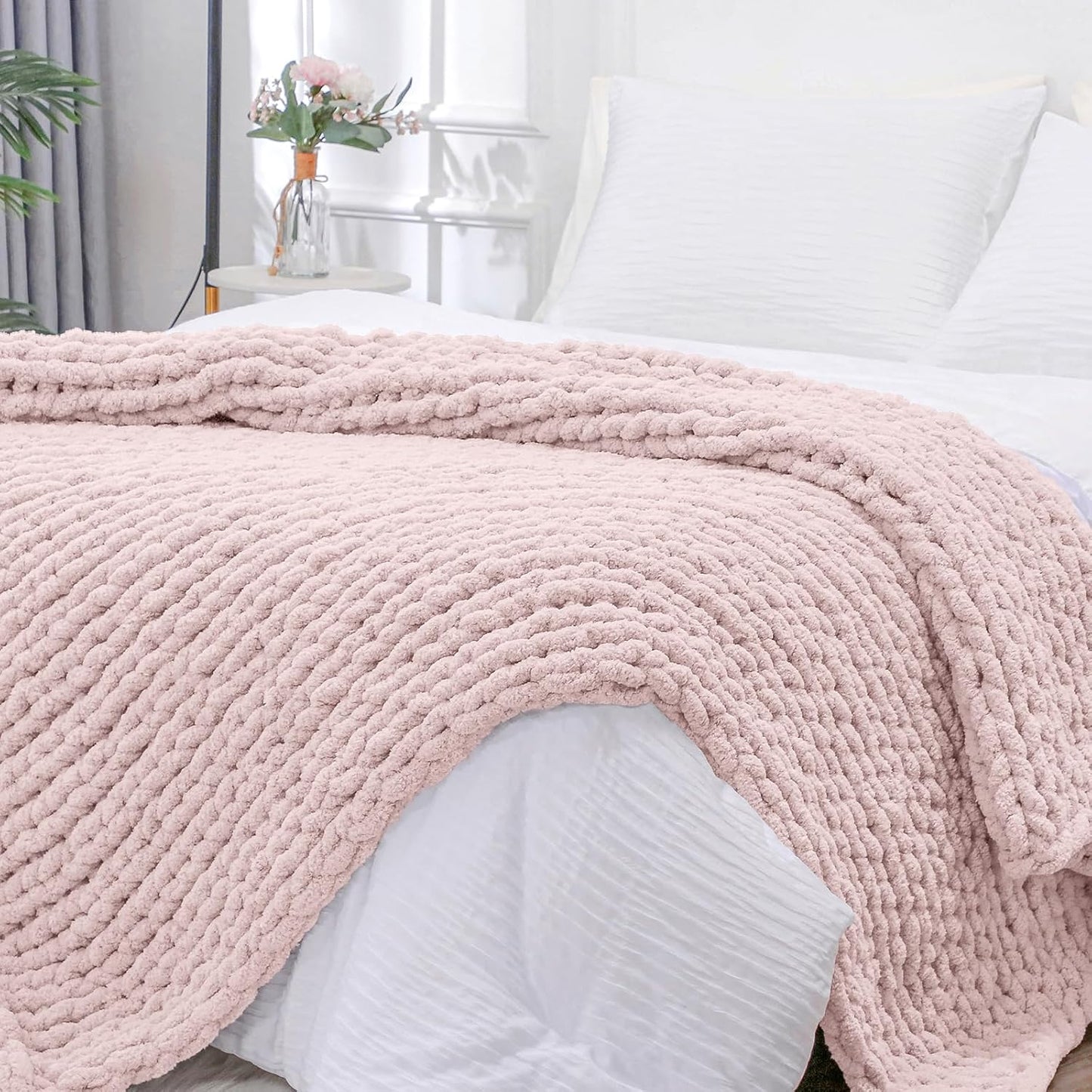 Bigacogo Chunky Knit Throw Blanket for Couch, 51x63 inches, 100% Hand Knitted with Thick Jumbo Chenille Yarn, Cozy Soft Large Rope Knot Cable Crochet Blankets for Sofa Bed Living Room, Rose Tan