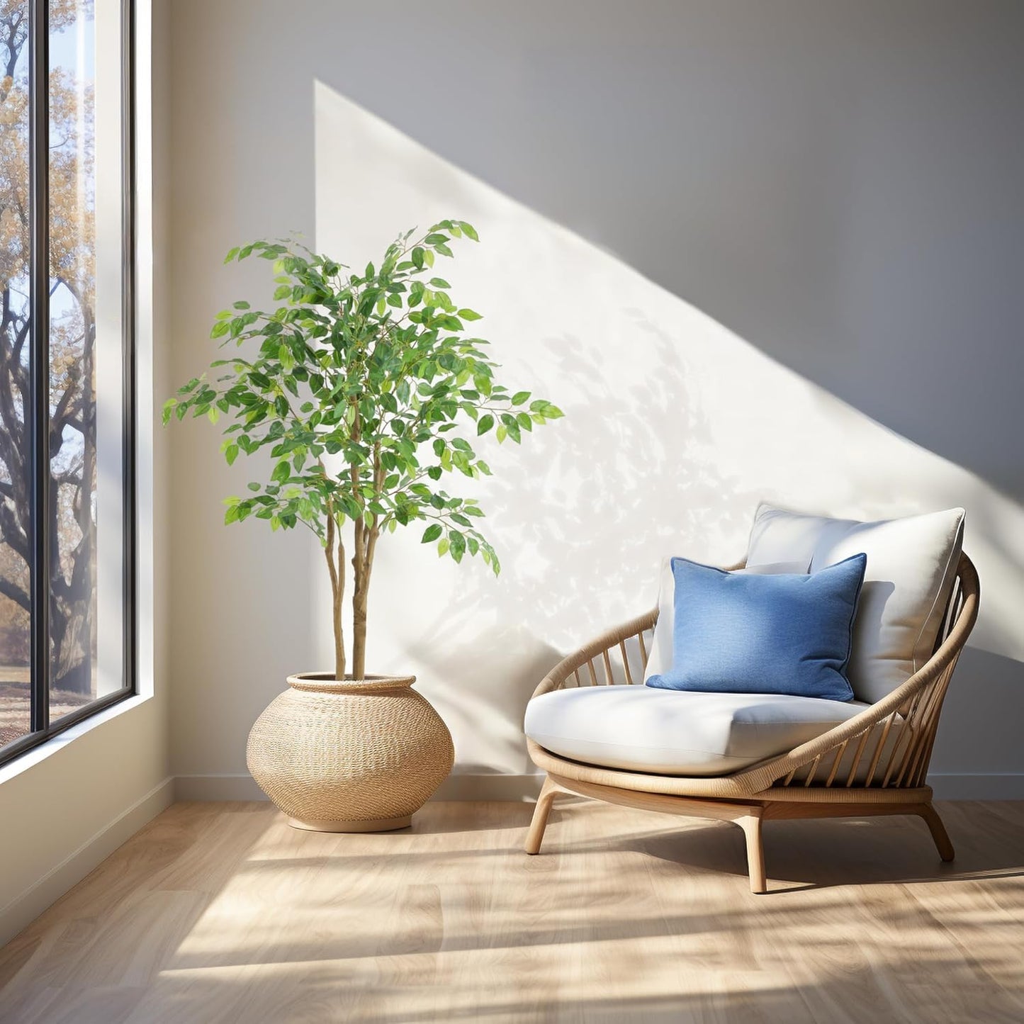 Tall UV Resistant Ficus Tree Artificial，4ft(48in) Faux Ficus Tree with Realistic Smooth and Shiny Leaves， Fake Trees Indoor Outdoor for Home Office Living Room Bedroom Foyer Porch Decor.