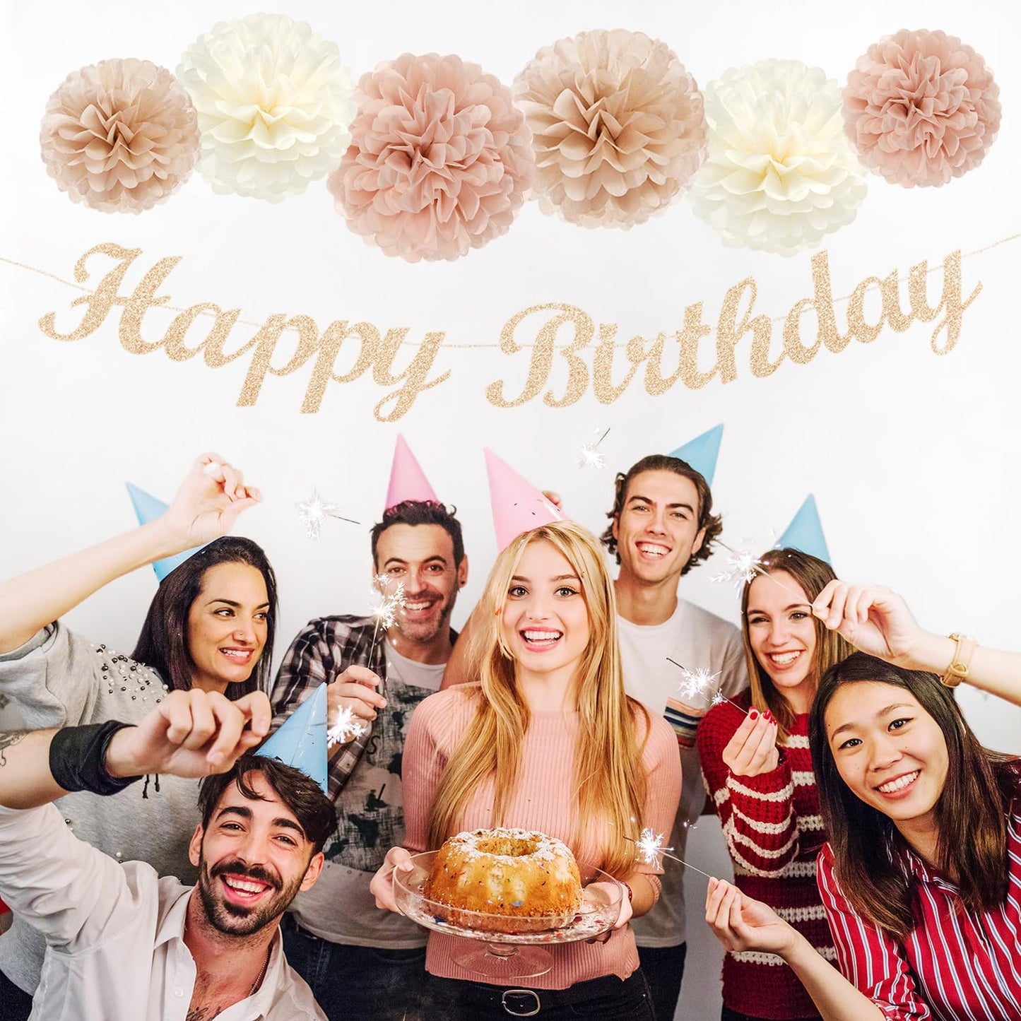 Champagne Rose-Gold Beige Birthday Party-Decorations - 14pcs Happy Banner Boho Lanterns Tissue Pom Poms,Rustic Streamers Garland Fans,Neutral One Sweet Peach Girls Women Hanging Supplies Decor Hugfond