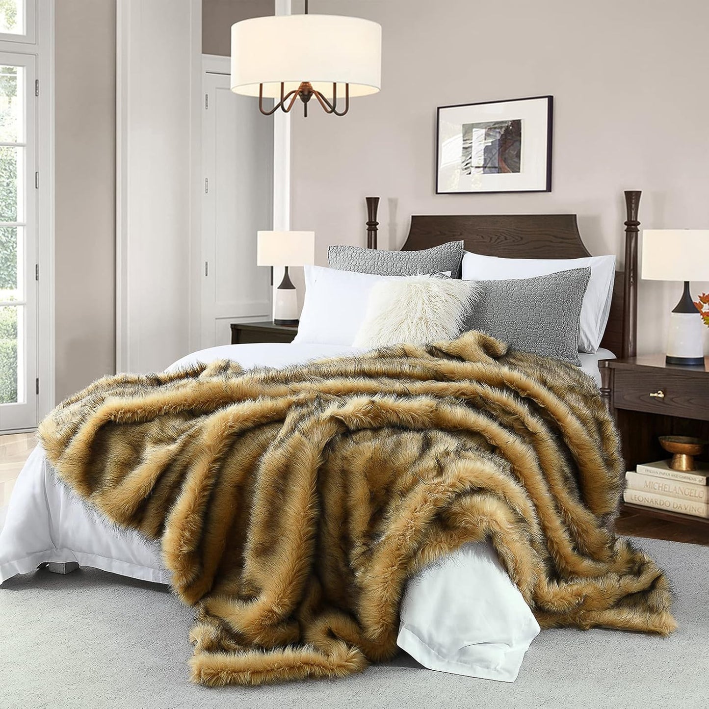 Luxury Plush Faux Fur Blanket Queen Size, Long Pile Golden Yellow with Black Tips Throw, Oversized Super Warm, Fuzzy, Elegant, Fluffy Decorative Blanket for Sofa, Armchair, Couch and Bed, 90"x90"