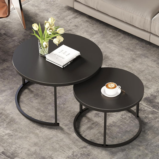 Round Nesting Black Coffee Table (Set of 2), Sintered Stone Top & Sturdy Metal Base for Living Rooms and Tight Spaces