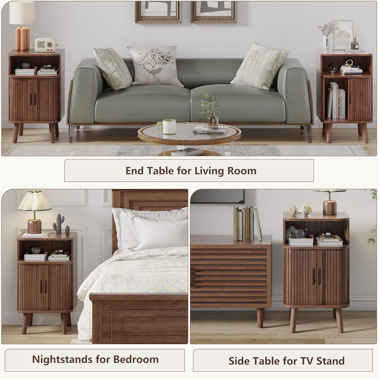 Alohappy Mid Century Modern End Table with Sliding Tambour Door, Fluted Wood Nightstand, Curved Round Edge Side Table with Storage Cabinet for Bedroom, Living Room, Walnut