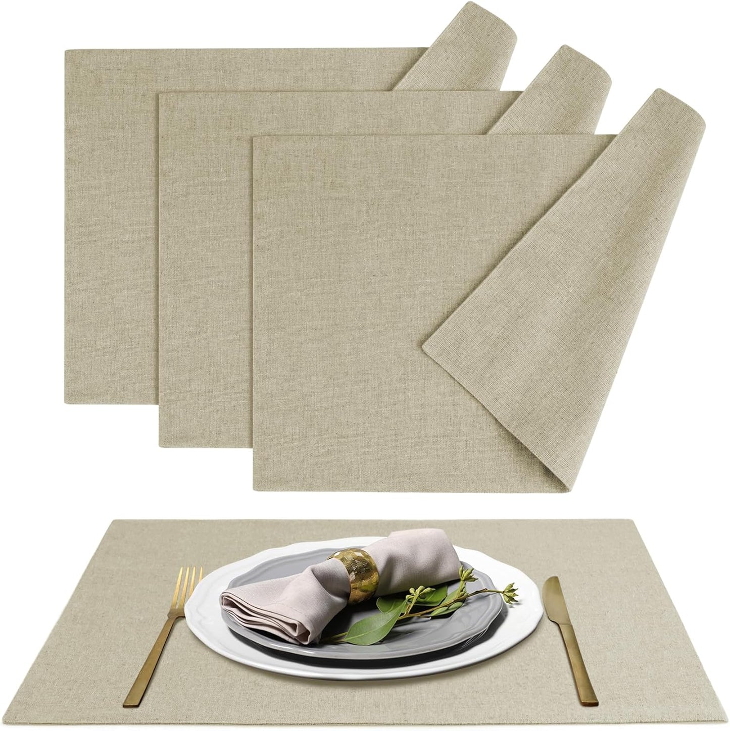 MANSPHIL Cloth Placemats Set of 4, Washable Thick Faux Linen Place Mats Heat Resistant Double Layer Table Mats for Dining Kitchen Indoor Outdoor Use - 13x19 Inch Beige