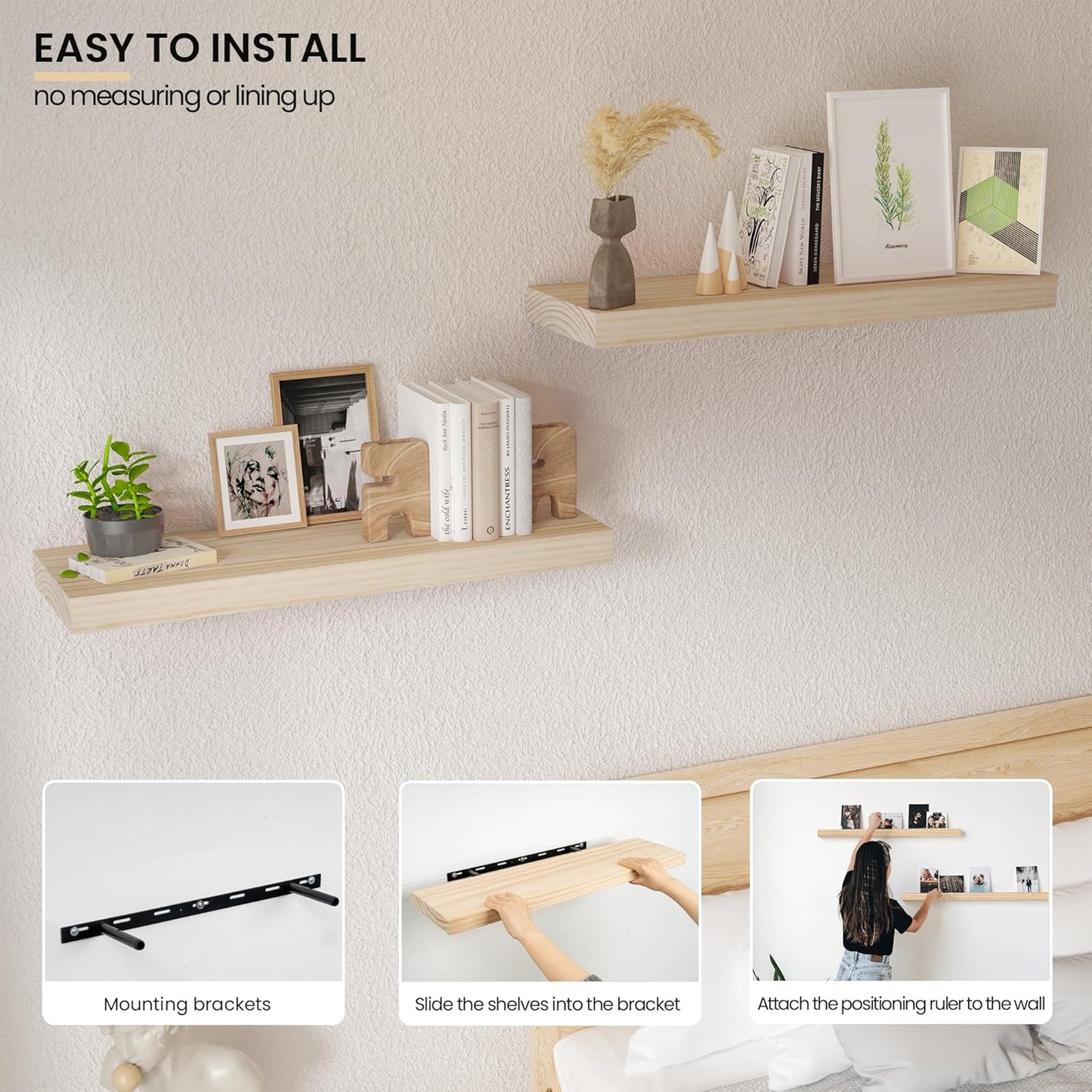 Natural Wood Floating Shelves 24”x 8”x 1.4” Book Shelf Floating for Wall Mounted, Heavy Duty Shelf Hold 60 lbs, Unfinished Wall Shelves for Bathroom, Living Room, Kitchen, Bedroom, Office