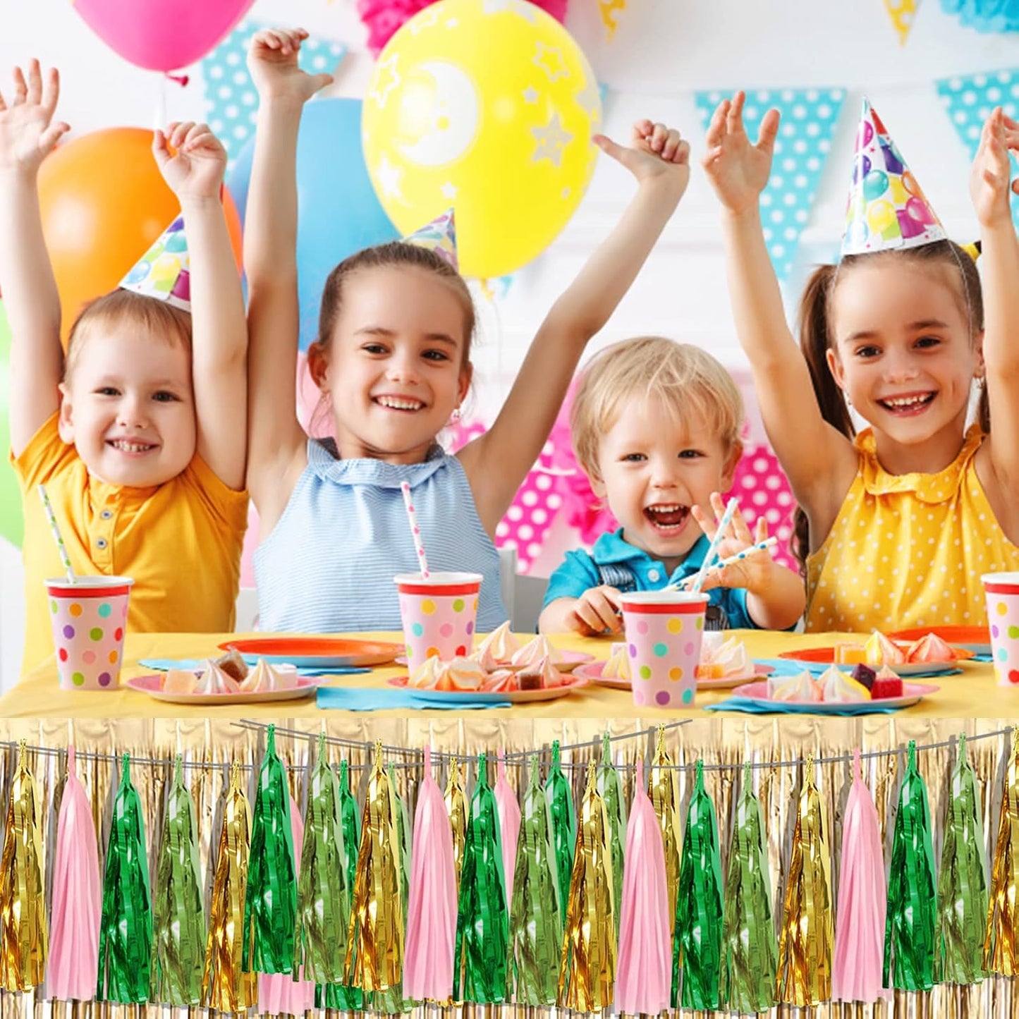 4P Sage-Green Pink-Gold Foil Fringe Metallic Tassel Garland, Tassels Banner Streamers for Parade Floats, Bachelorette, Wedding, Birthday, Halloween, Christmas, Bridal/Baby Shower Party Decorations