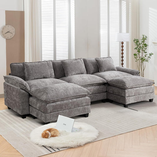 URRED Modular Sectional Sofa Comfy Cloud Couch, Modern Chenille Sofa Sleeper Deep Seat Couches with Ottoman/Pillows for Living Room (Gray, 117'' - U Shape)