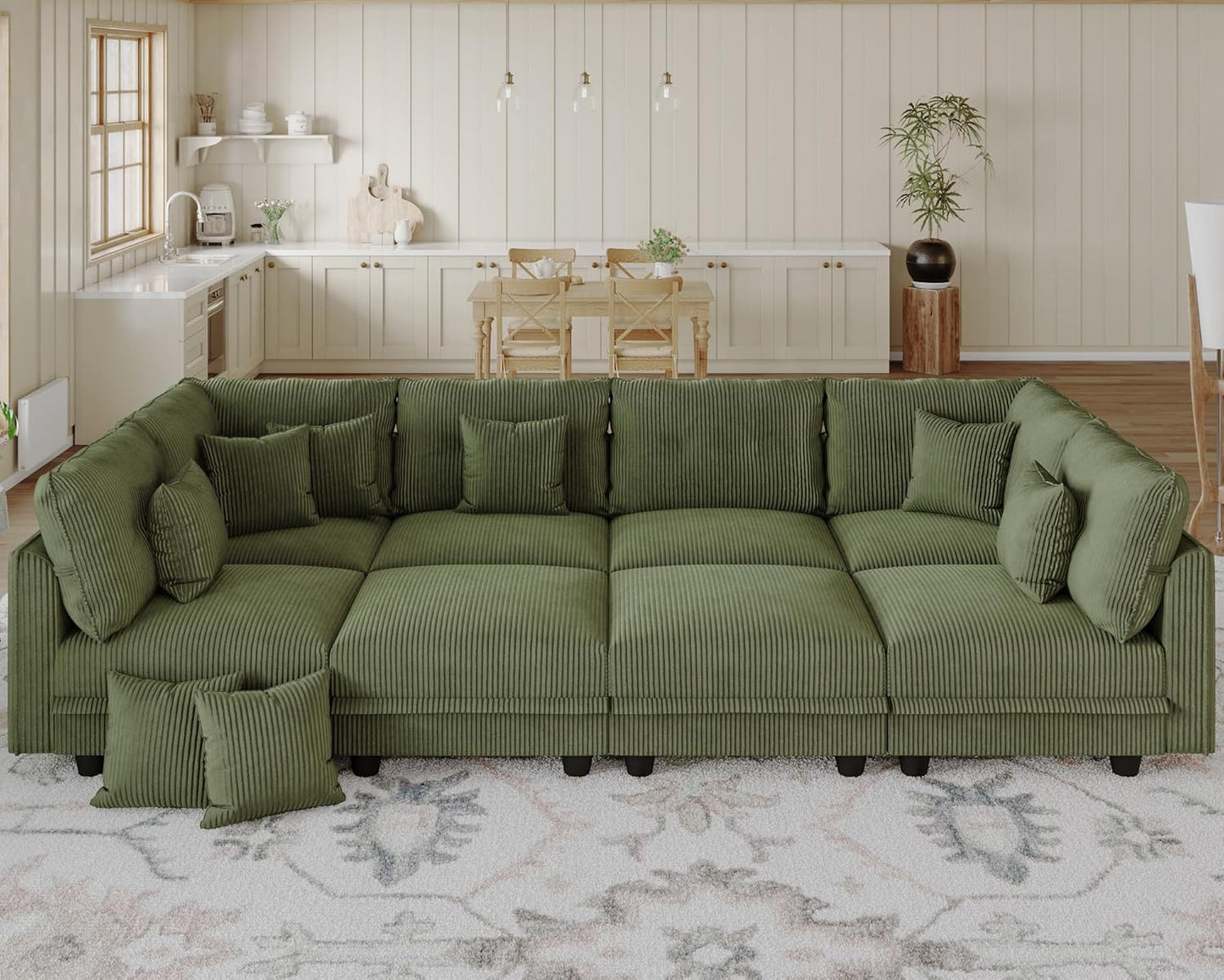 LLappuil Modular Sectional Sofa with Storage Seats, Corduroy Convertible Modular U Shaped Sectional Couch for Living Room, 8 Seat Oversized Sofa with 8 Back Cushion 8 Throw Pillow, Green