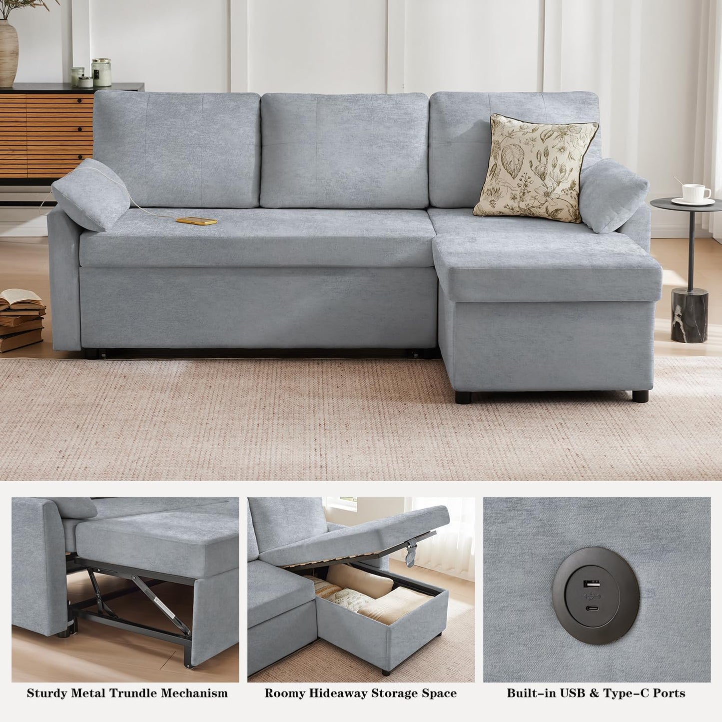 Waxberry Sectional Sofa Couch, Pull Out Couch Sleeper Sofa Bed with Storage for Living Room, Reversible Chaise, Side Pockets & Dual USB/Type-C Ports, Includes 1 Blanket, Grey