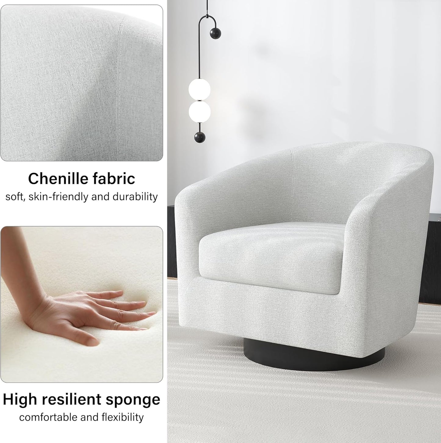 Swivel Barrel Accent Chair, Modern Round Chenille Fabric Arm Chair for Living Room, Bedroom, Comfy Club Reading Chairs for Adults（Chenille Fabric, Beige, Set of 1