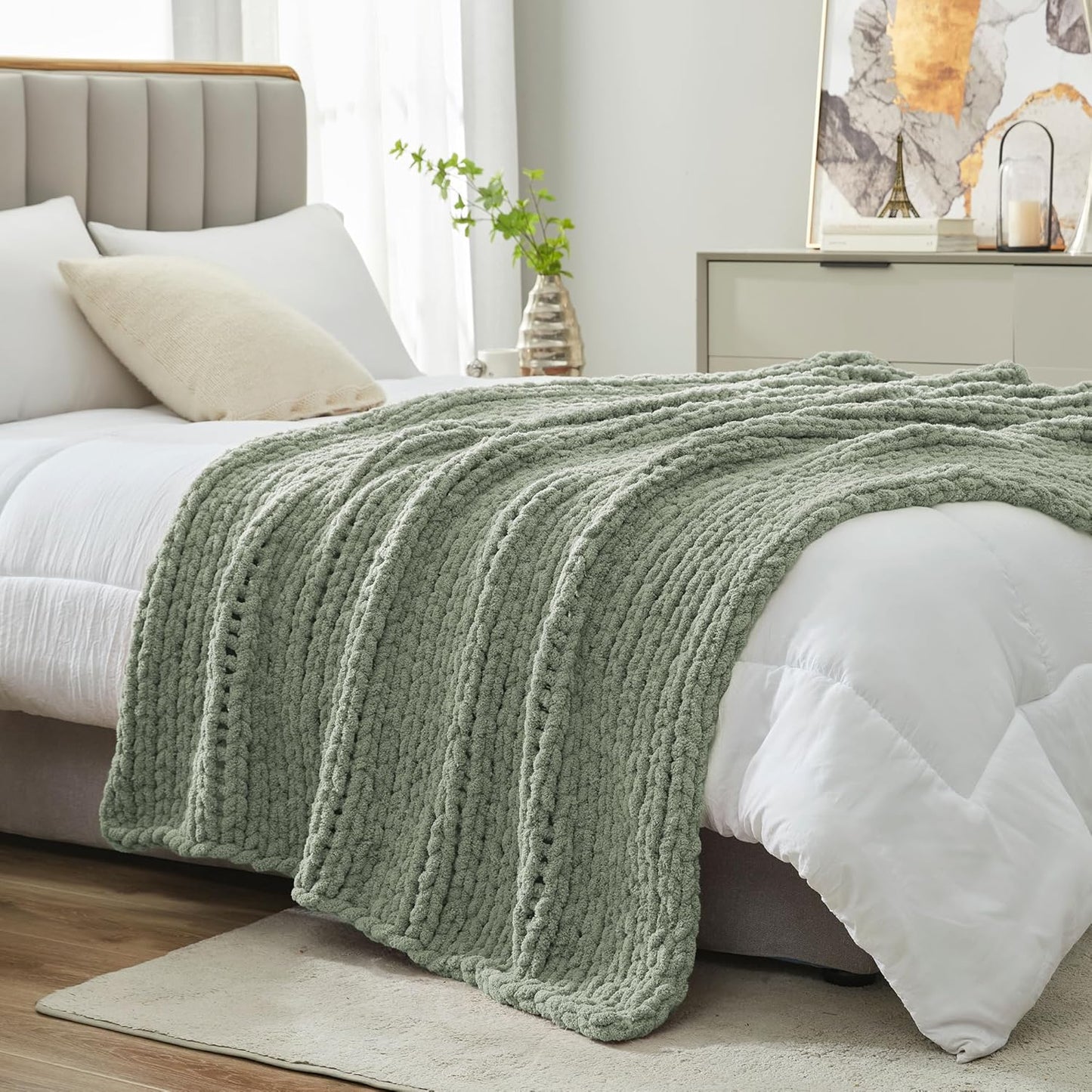 Amélie Home Chunky Knit Throw Blanket for Couch, Soft Chenille Crochet Blanket for Kids, 30"x40", Sage Green