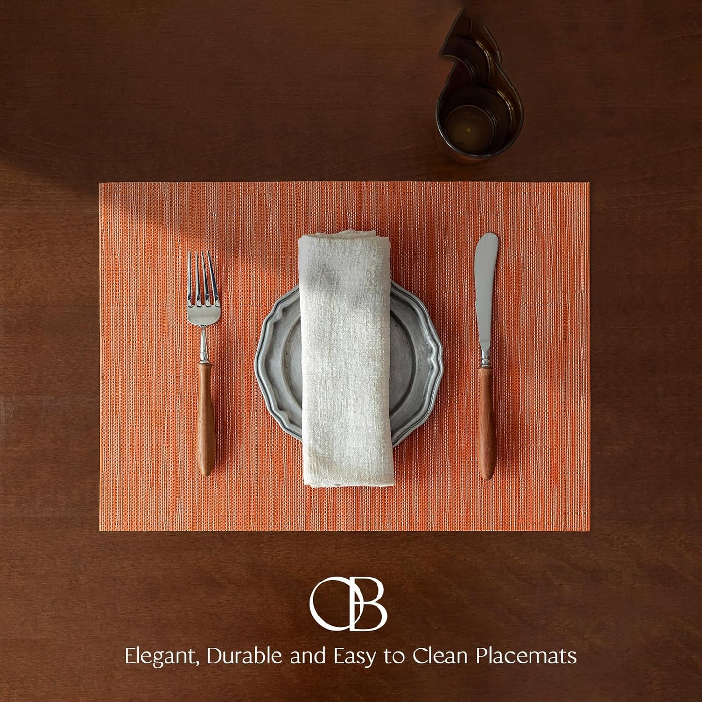 Placemats Set of 6 - Easy Clean Woven Vinyl Placemats for Dining Table, Indoor/Outdoor Place Mats, Washable PVC Table Mats （Orange）