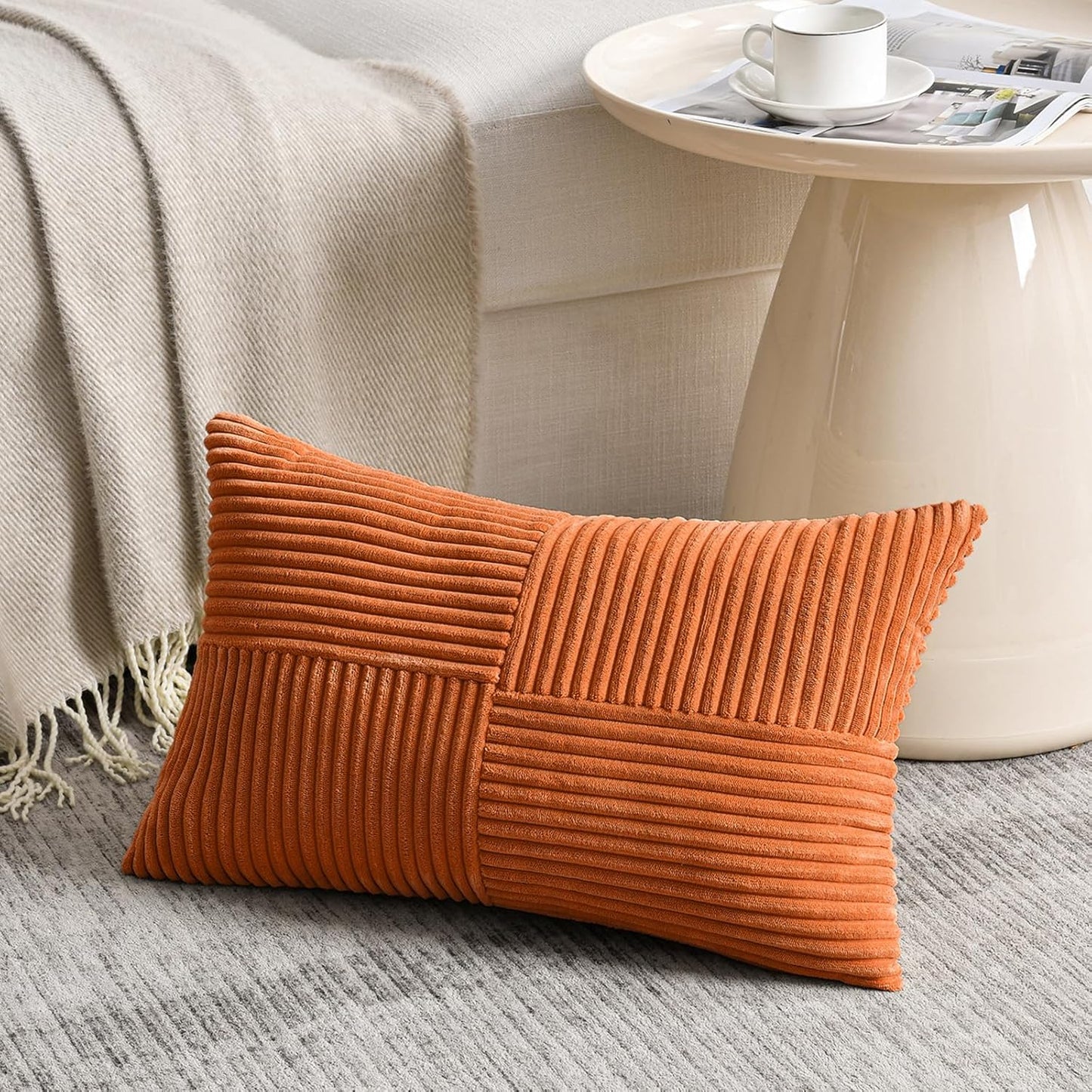 Fancy Homi 2 Packs Orange Long Lumbar Decorative Throw Pillow Covers 12x24 Inch for Couch Bed Sofa, Rustic Farmhouse Boho Home Decor, Soft Striped Corduroy Rectangle Accent Cushion Case 30x60 cm