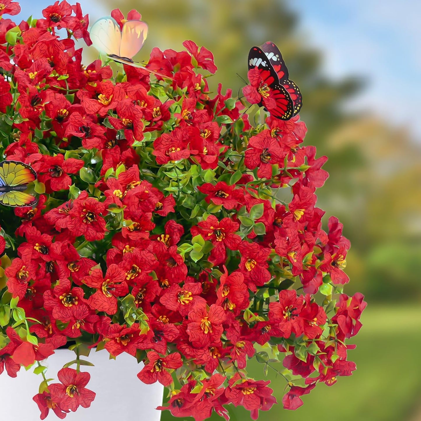 ‌20 Bundles Artificial Flowers for Outdoors‌ with 6 Faux Butterflies, UV Resistant ‌Fake Flowers‌ with Eucalyptus Leaves, ‌Artificial Plants Outdoor‌ for Patio Garden Porch Home Decor (Red)