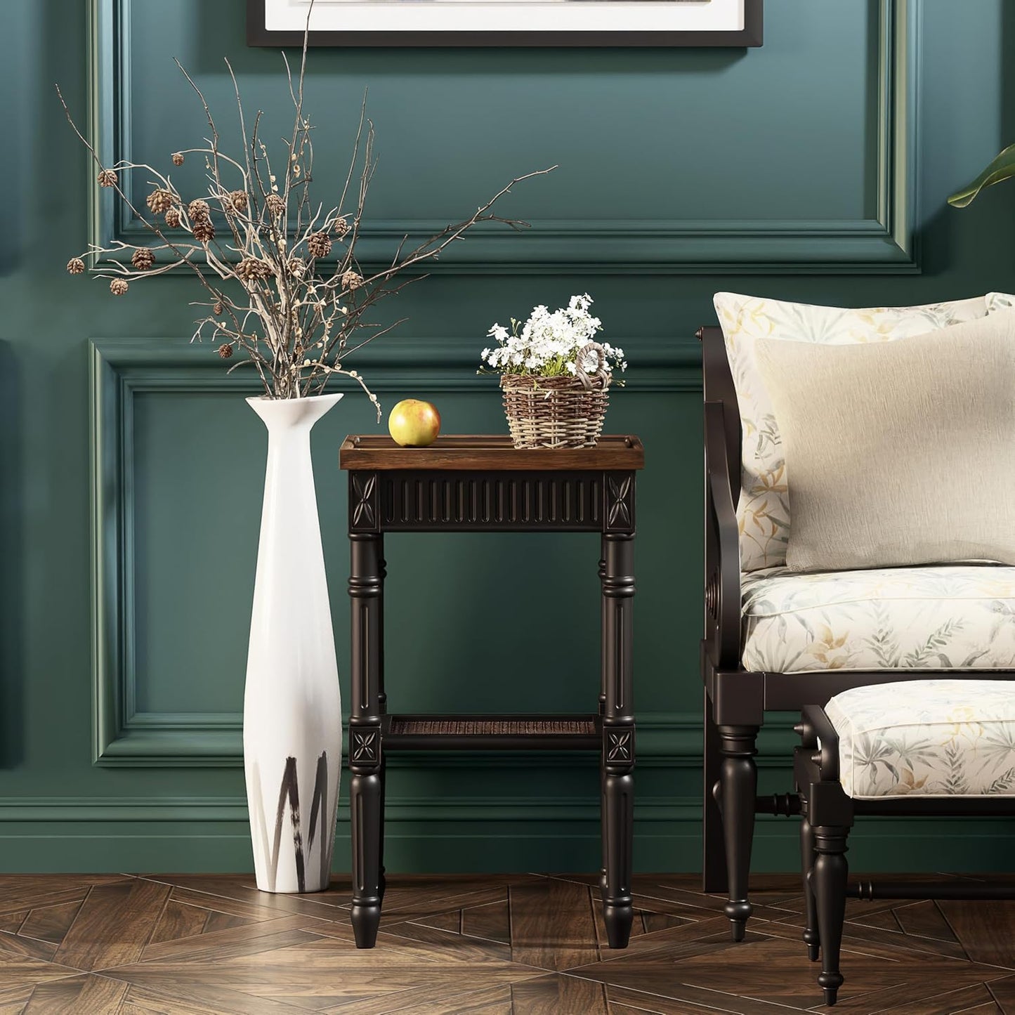 Rustic Farmhouse Cottagecore Accent End Table Set of 2, Distressed Accent Side Table with Espresso Tray Top and Woven Wicker Shelf, Boho, French Country Decor, Square, Weathered Brown & Black