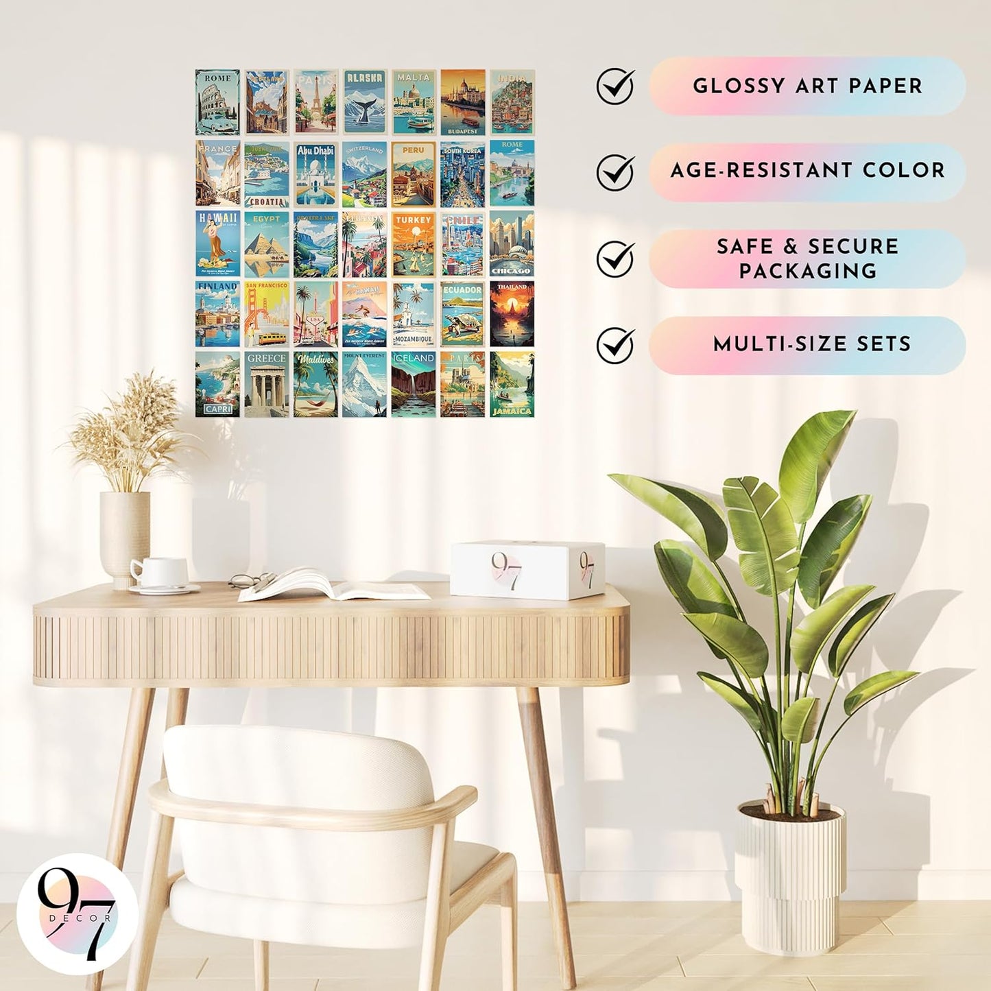 97 Decor Vintage Travel Decor - Travel Posters Wall Art Prints, Vintage Postcards from Around The World, City Landscape Aesthetic Pictures Retro Popular Cities Photo Collage Kit for Teen Bedroom (4x6)