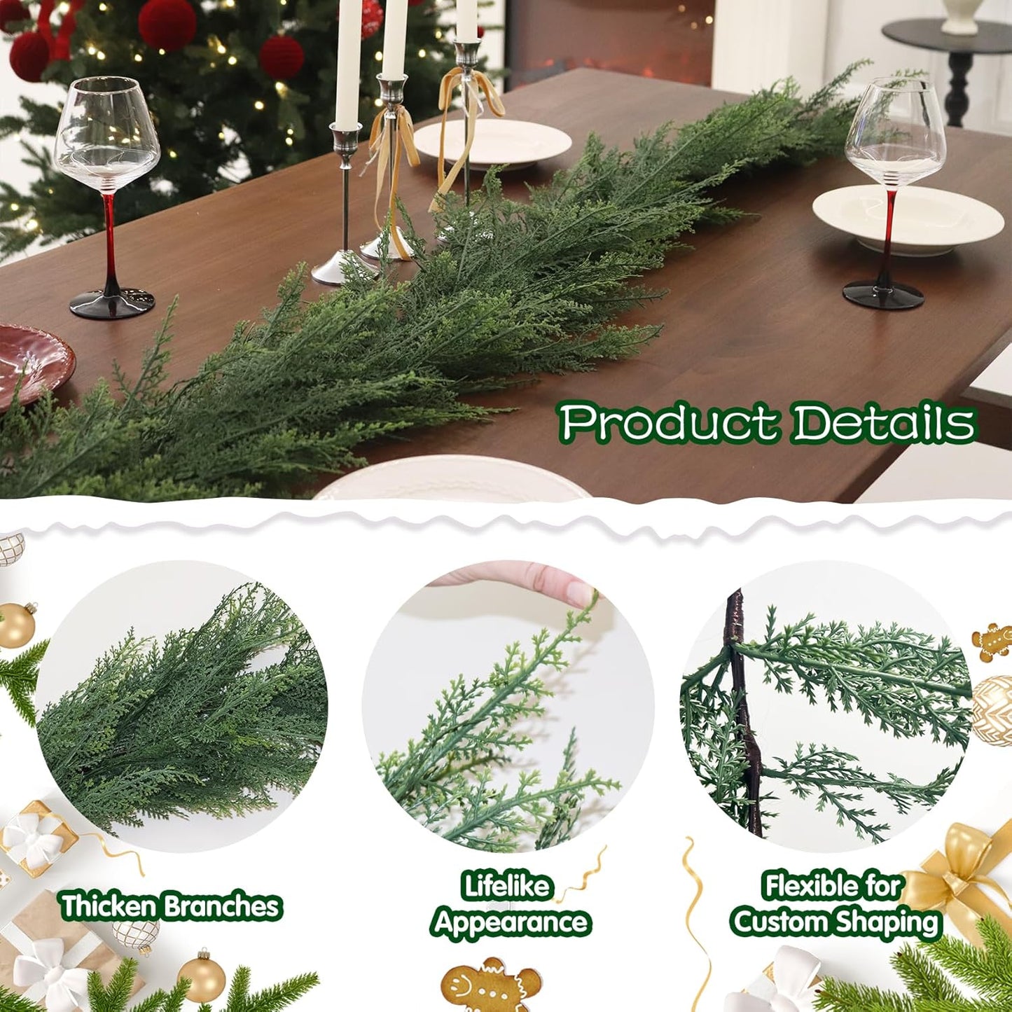 9FT Christmas Cedar Garland Full Real Touch Artificial Green Faux Cypress Realistic Pine Garland for Mantle Fireplace Table Home Decoraiton