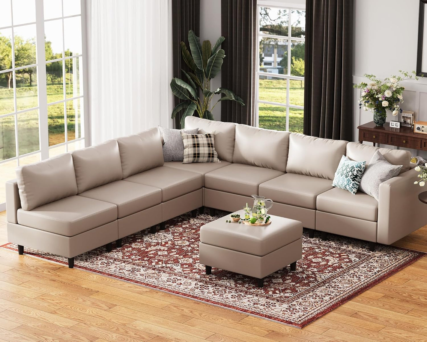 118.5" Faux Leather Modular Sectional Convertible Sofa, L Shaped Couch Set for Living Room, Large 8-Seater Comfy Cloud Couches with Movable Storage Ottoman DIY Combination - Whitesand