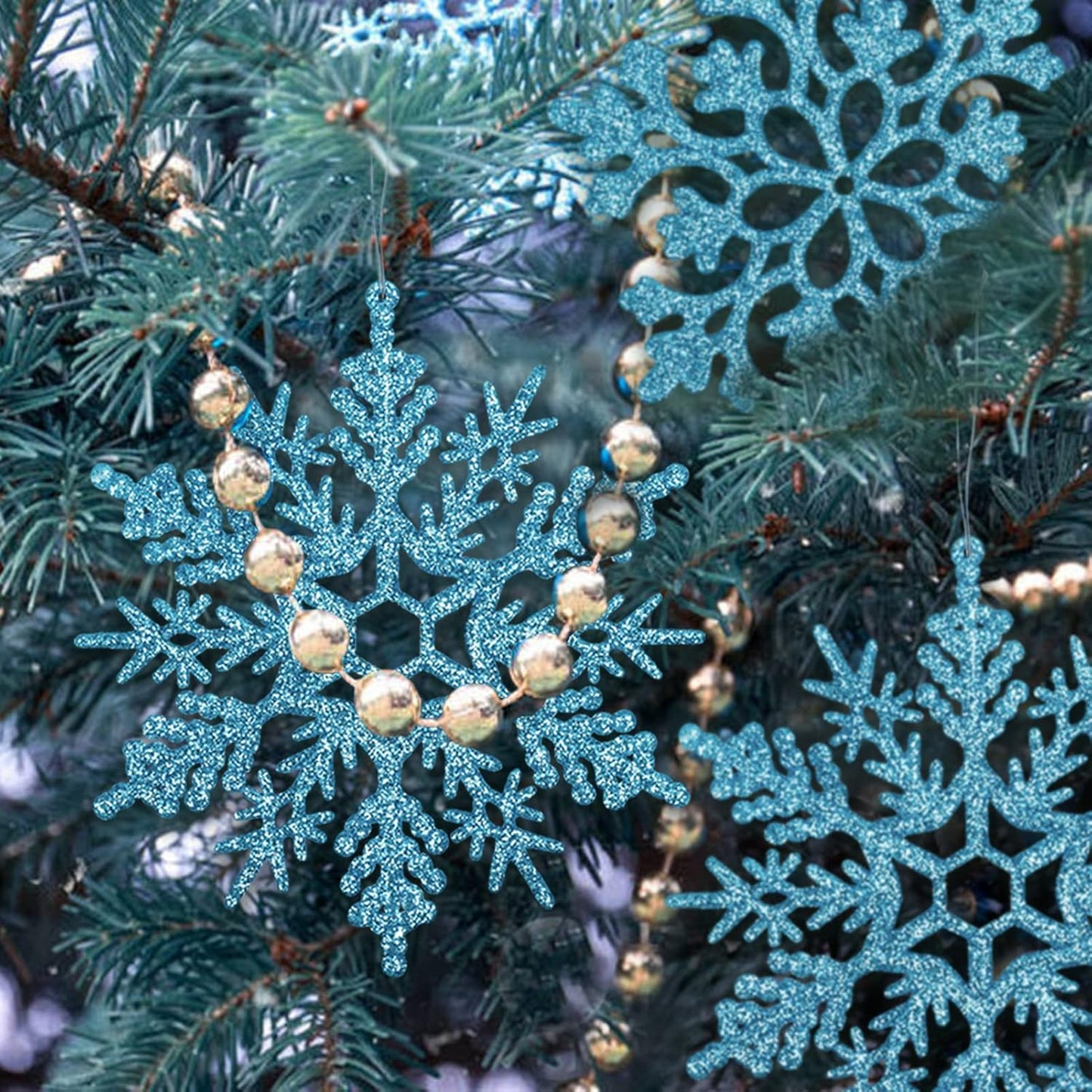 6pcs Large Snowflakes Ornaments Blue 12” Big Plastic Glitter Snowflake for Winter Indoor Outdoor Christmas Tree Window Room Decorations Giant Craft Snowflakes