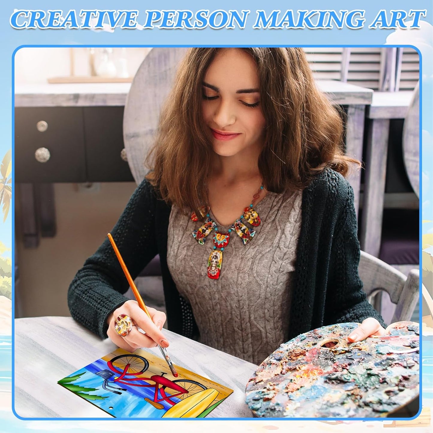 COCHIE 10 Pieces Large Summer Unfinished Wood Crafts to Paint for Kids Adults, Bulk Predrilled Wooden Ornaments for Painting, Beach Pattern Paintable Wood Slices Craft Supplies with Ropes