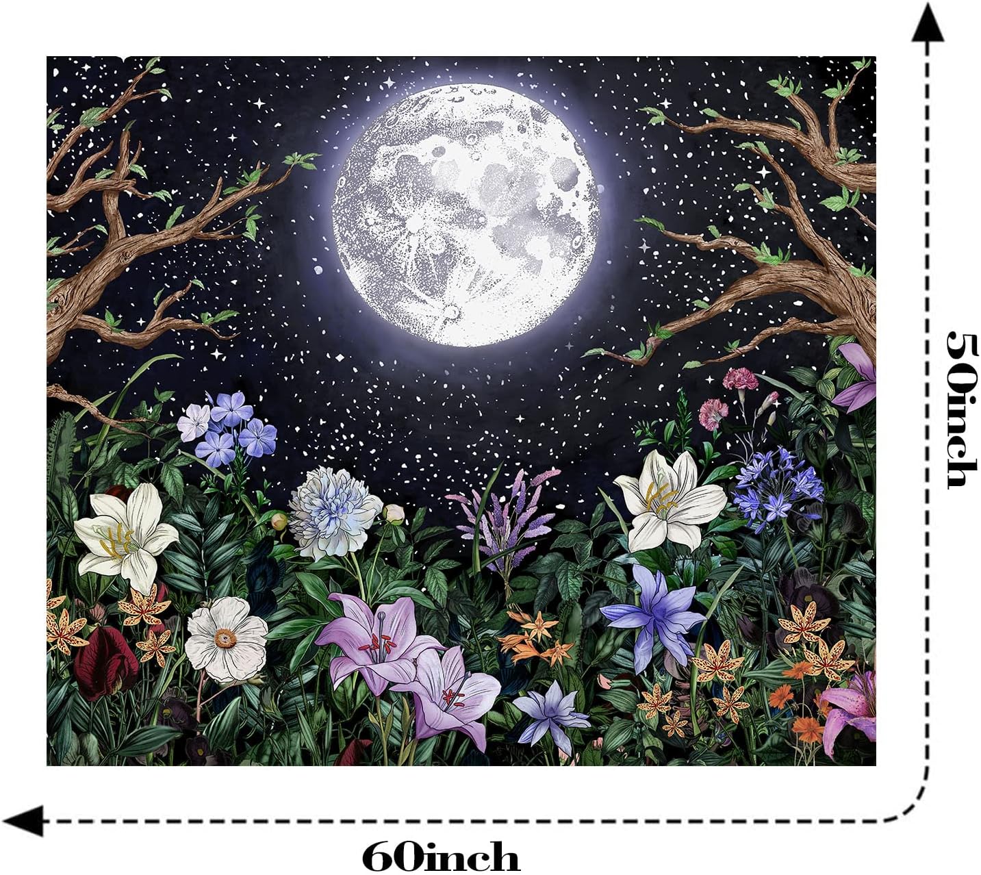Neasow Aesthetic Moon Garden Tapestry Wall Hanging, Night Landscape with Colorful Plants Floral Tapestries for Bedroom Home Decor Multi Color 50×60 inch (130cm×150cm)
