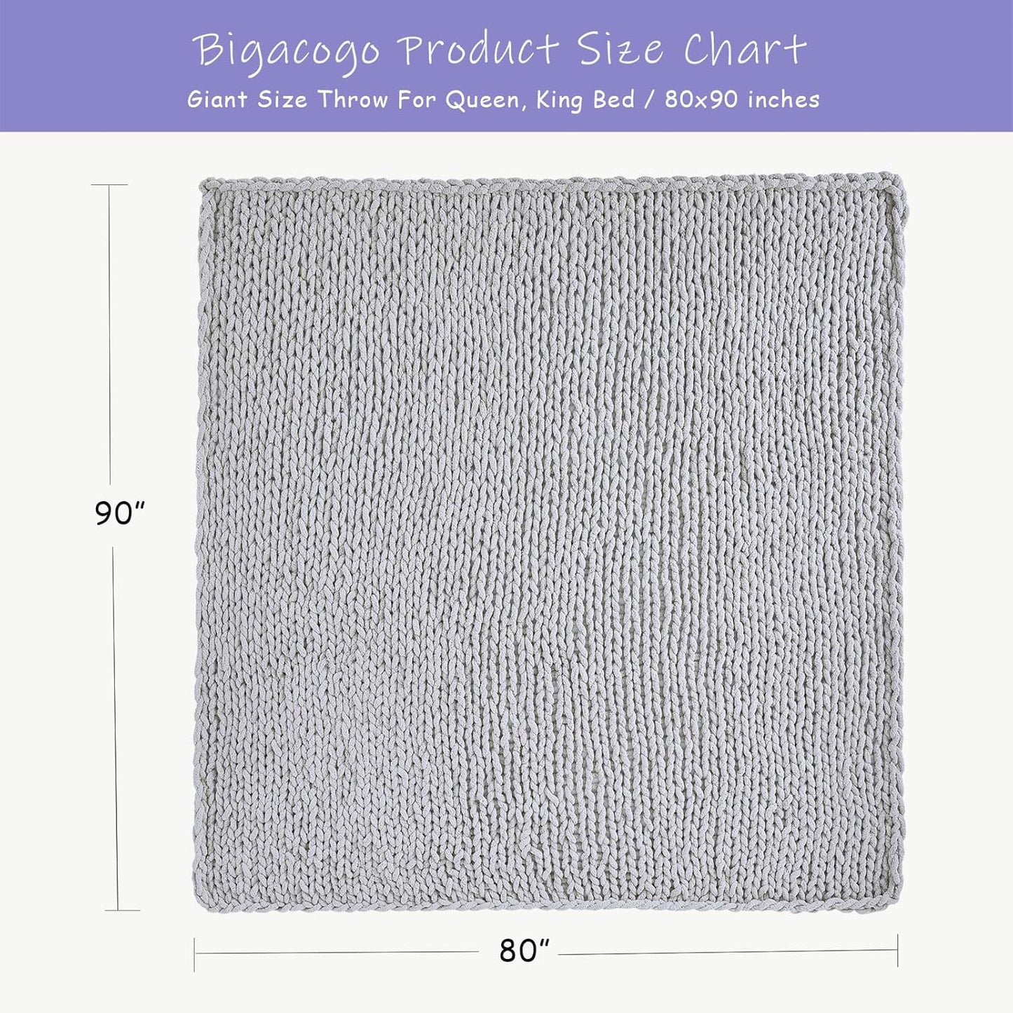 Bigacogo Chunky Knit Throw Blanket for Couch, 80x90 inches, 100% Hand Knitted with Thick Jumbo Chenille Yarn, Cozy Soft Large Rope Knot Cable Crochet Blankets for Sofa Bed Living Room, Light Grey