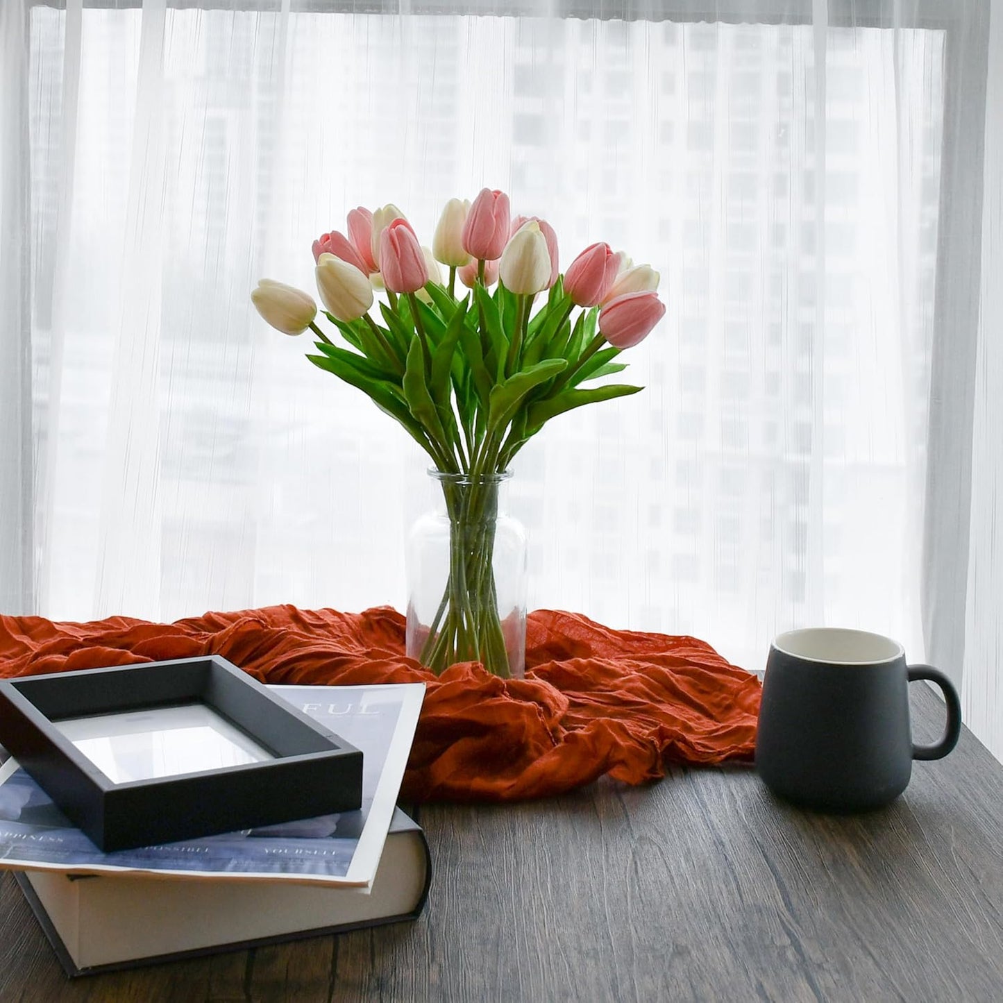 Mandy's Artificial Tulips 20 Stems White and Light Pink PU Faux Flowers for Wedding Home Decor 13.5 Inch