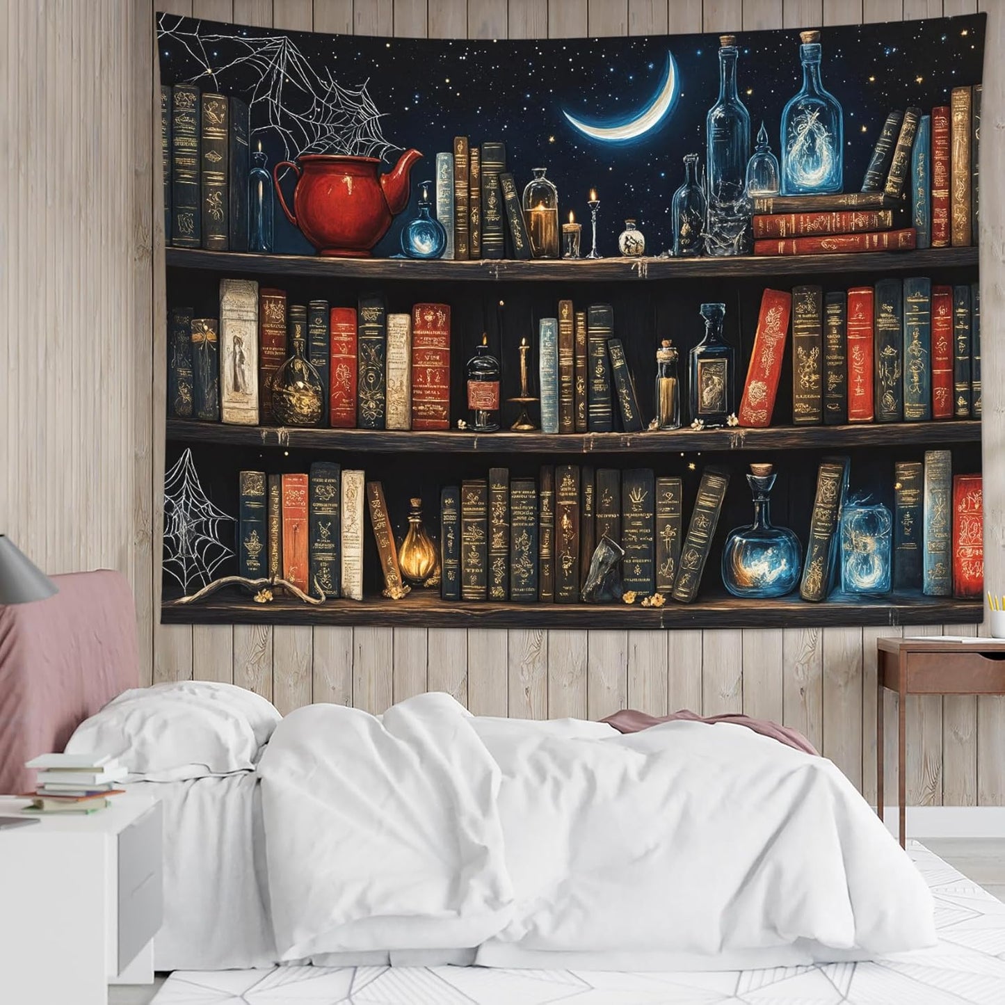 LB Fantasy Bookshelf Tapestry, Horror Spider and Vintage Book with Moon Wall Tapestry for Bedroom Aesthetic, Trippy Galaxy Wall Art for Living Room Dorm Home Decor Ready to Hanging, 80 x 60 Inches