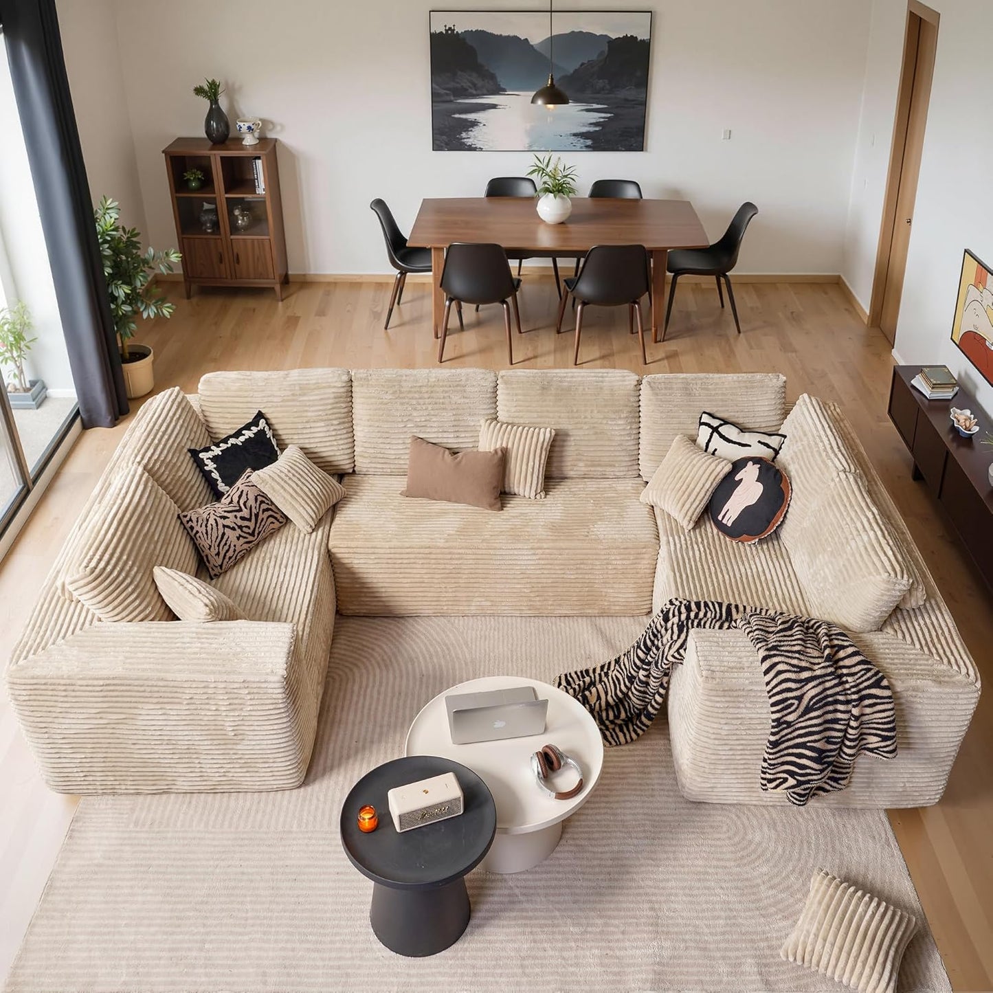 Cloud Sectional Couches for Living Room,U Shaped Modular Sofas No Assembly,135x79 Inches Plush Corduroy Oversized Floor Couch Set with Deep Seat Chaise,Beige