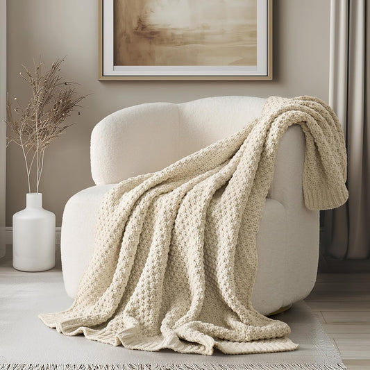 Chunky Chenille Knit Throw Blanket for Couch, Soft Luxurious Moss Stitch Blankets for Bed, Cozy Decorative Farmhouse Knitted Throws for Sofa, Beige, 50" x 60"