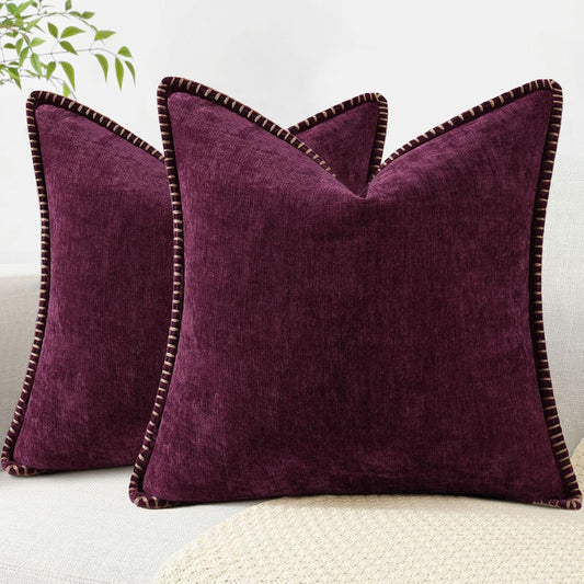 decorUhome Chenille Soft Throw Pillow Covers 26x26 Set of 2, Farmhouse Velvet Neutral Decorative Euro Pillow Covers with Stitched Edge for Couch Sofa Bed Home Decor, Rhododendron
