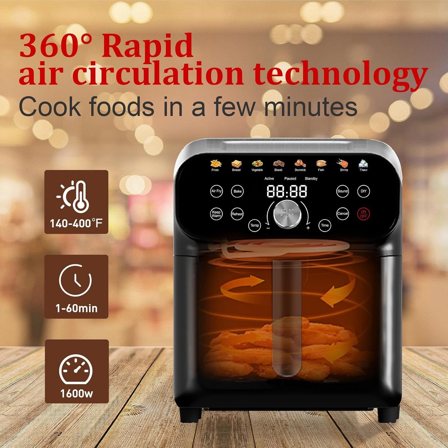 6.3QT Air Fryer Oven with LED Digital Touchscreen, 12 Preset Cooking Functions Air fryers, Bake, Reheat, Keep Warm, Nonstick and Dishwasher-Safe Basket, Stainless Steel/Black