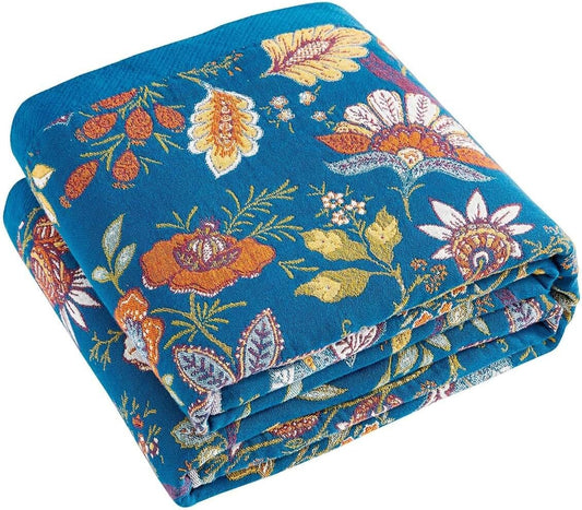 Fall Throw Blanket for Couch, Blue Boho Decorative Throw Blanket, 100% Cotton Muslin Breathable Woven Farmhouse Blankets Quilt, 50"x60" Reversible Lightweight Blankets Bohemian Throw Quilt