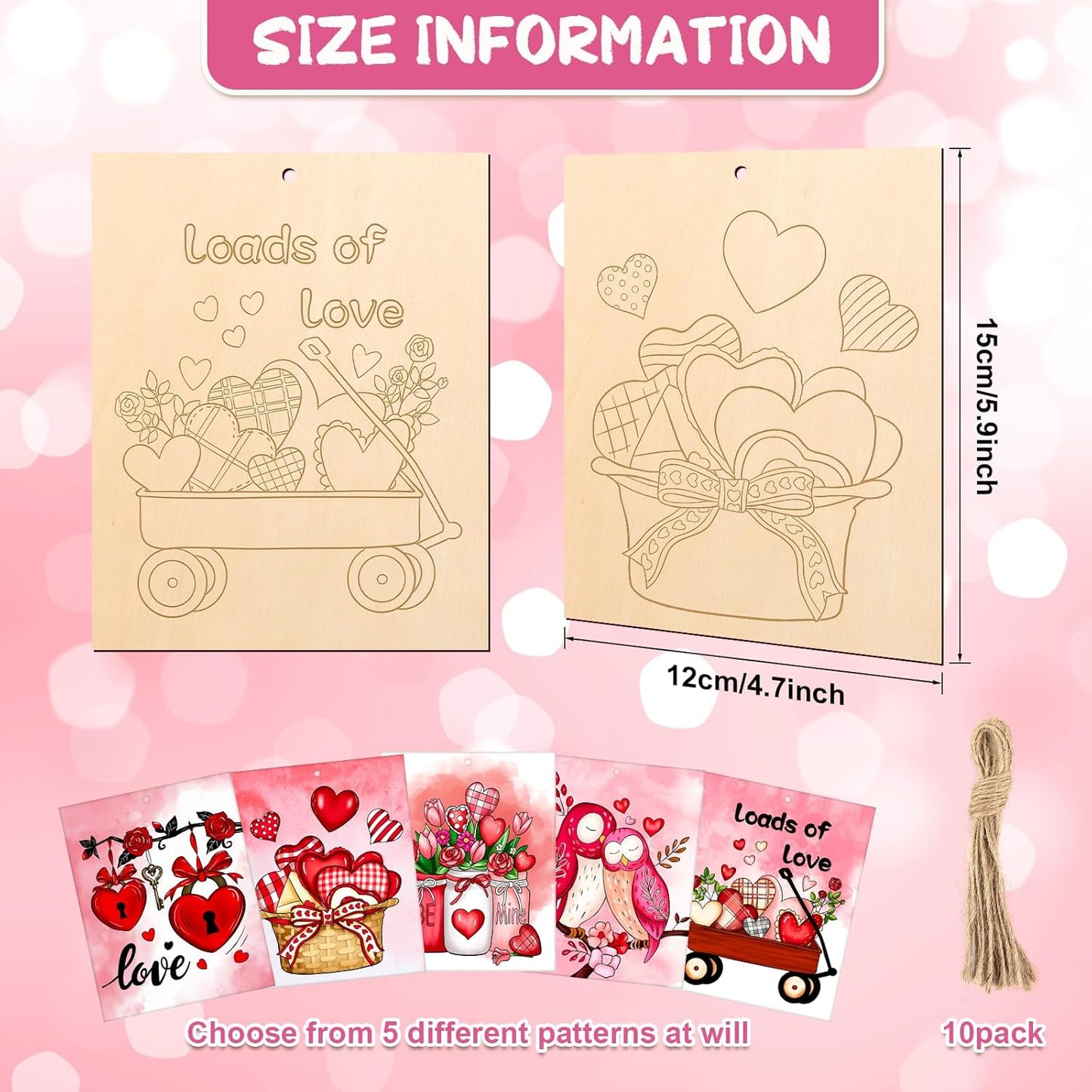 COCHIE 10 Pieces Large Valentines Day Unfinished Wood Crafts to Paint for Kids Adults, Bulk Predrilled Wooden Ornaments for Painting, Heart Pattern Paintable Wood Slices Craft Supplies with Ropes