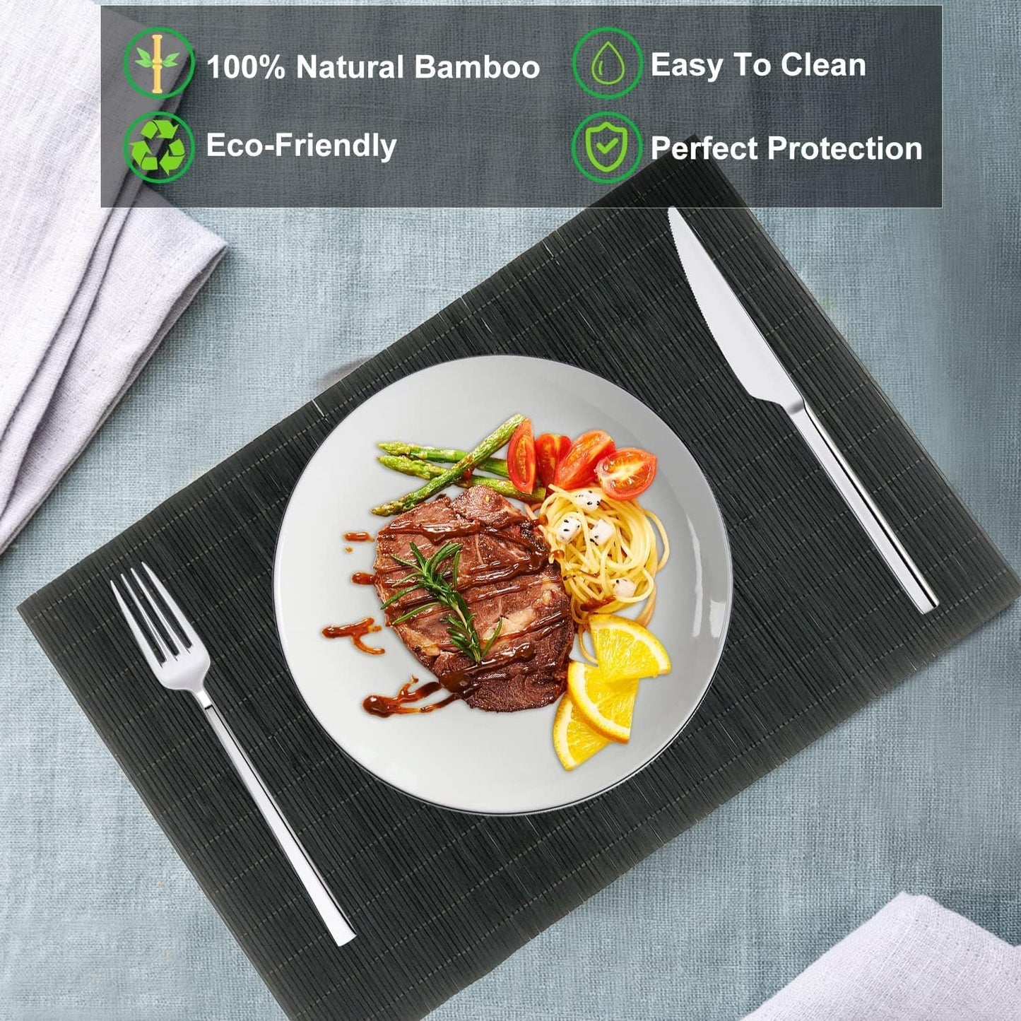 ANDSTAR Set of 12 Pcs Bamboo Placemats - Natural & Brown & Black, Anti-Slip, Heat-Resistant, Washable Table Mats for Dining and Kitchen