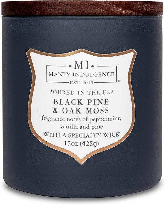 Manly Indulgence Black Pine Oakmoss Scented Candles for Men, 15 oz Wooden Wick, Premium Soy Blend Wax, 60H Burn, Candles for Home Scented - Made in The USA