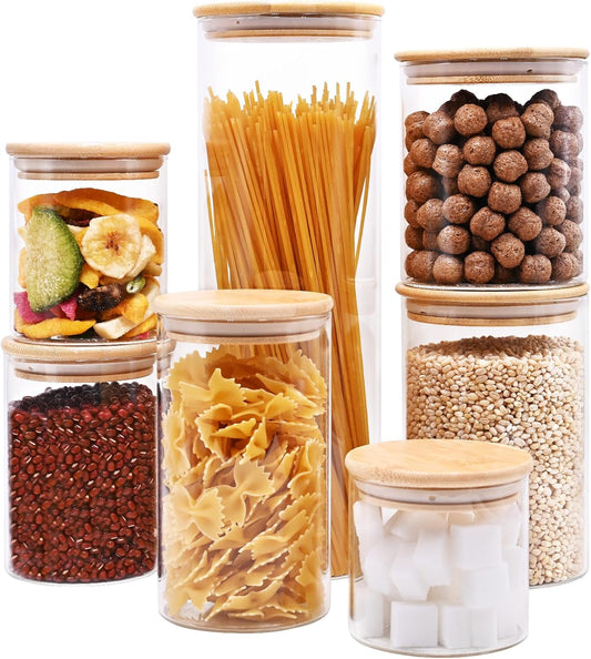 Glass Food Storage Jars, Glass Jars with Bamboo Lids, Kitchen Storage Jars, Canisters with Airtight Lids for Spice, Coffee, Cookie, Set of 7, Pantry Organizers