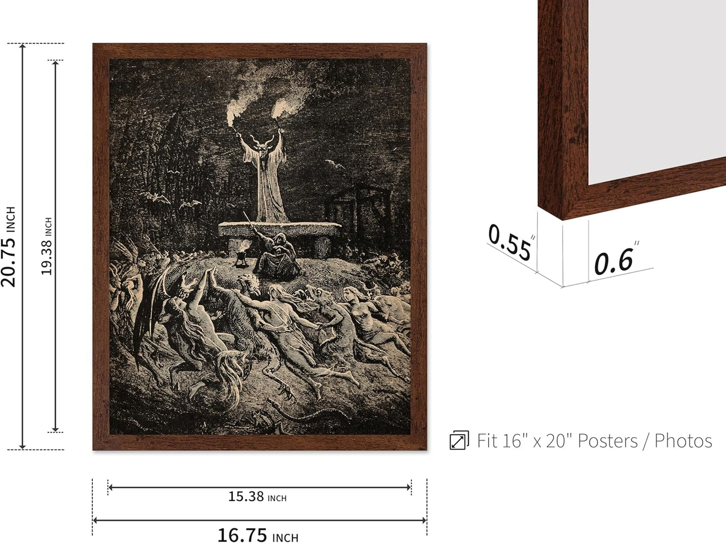 Poster Master Vintage Gustave Dore Poster - Retro Illustration Print - Gift for Gothic, Horror Fan - Dance of Sabbath, Witch, Magic, Spell - Wall Decor for Bedroom, Dorm, 16x20 Brown Framed